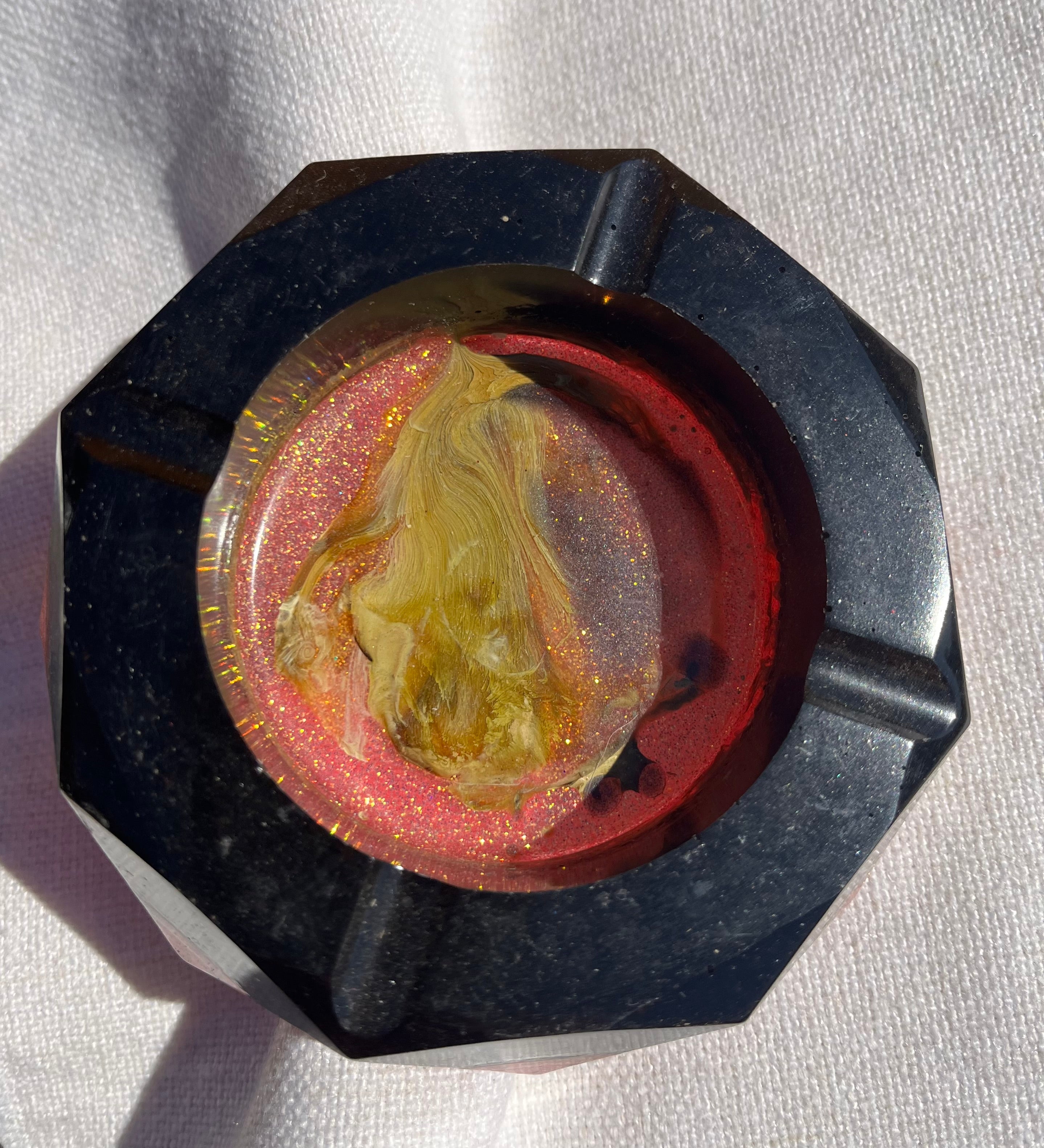 Custom Black Alcohol Ink and Pink Glitter Ashtray, Trinket Dish, Change Dish.