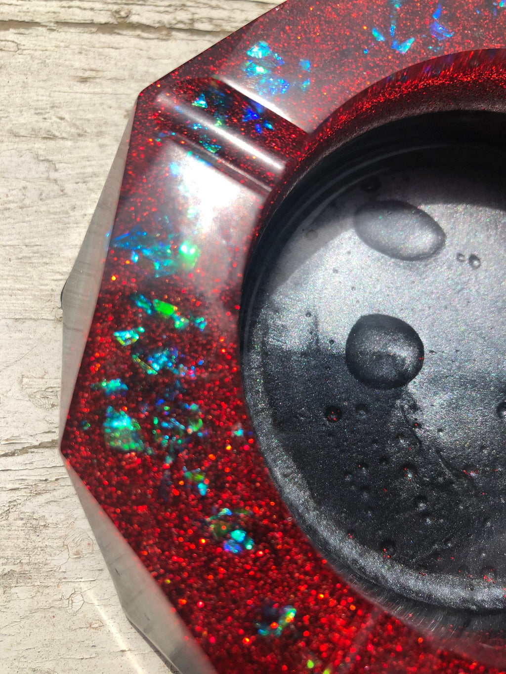 Red Ashtray with grey base and blue sparkle
