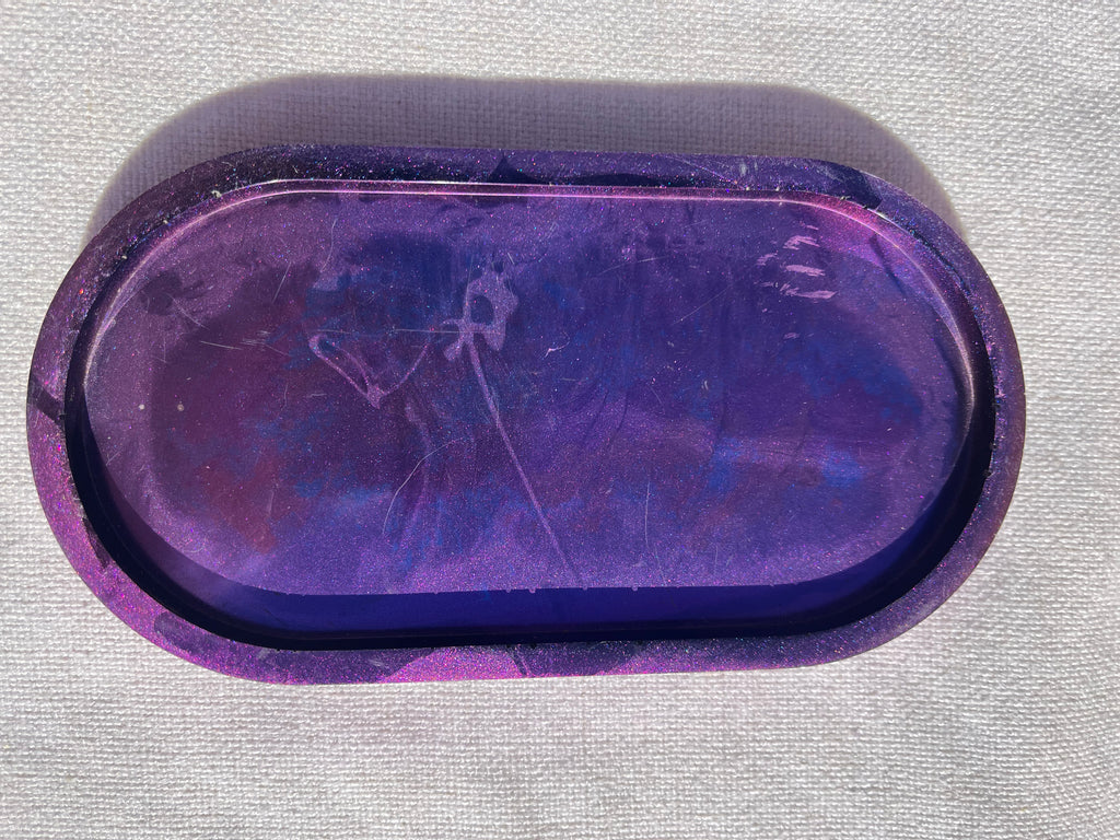 Purple  and blue to gold color shift resin oval tray or trinket dish