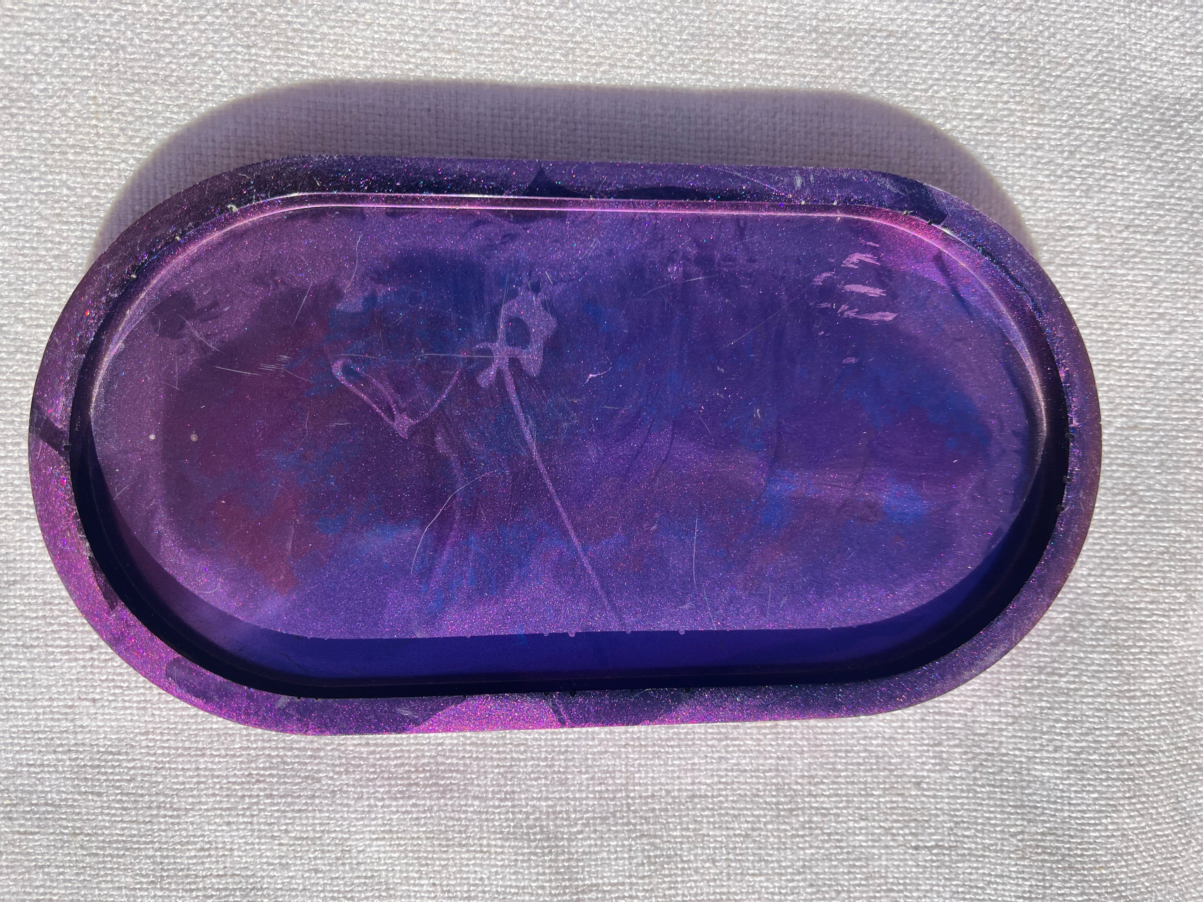 Purple  and blue to gold color shift resin oval tray or trinket dish