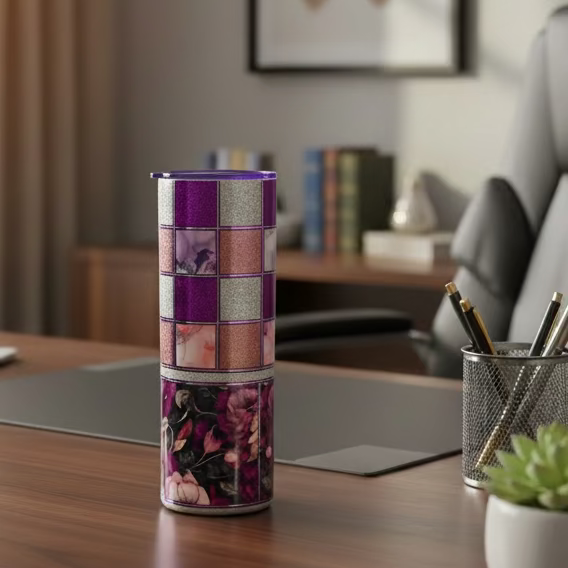 6.20oz   Silver and Purple Checkerboard Tumbler