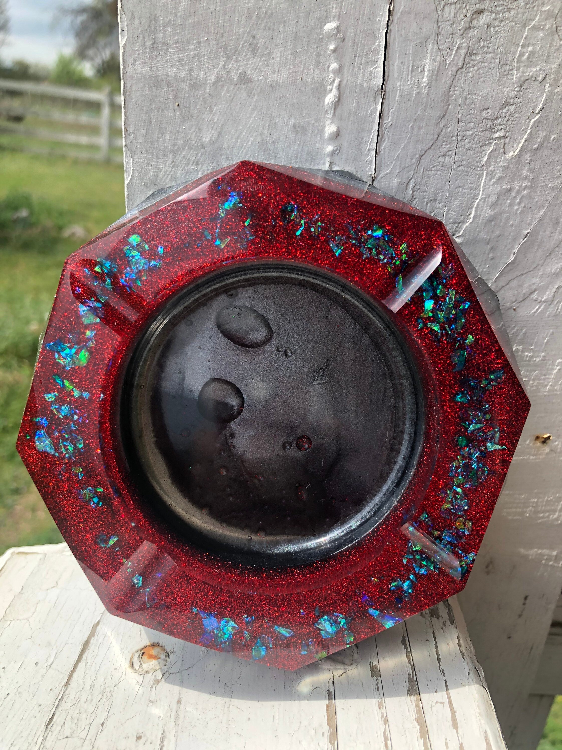 Red Ashtray with grey base and blue sparkle