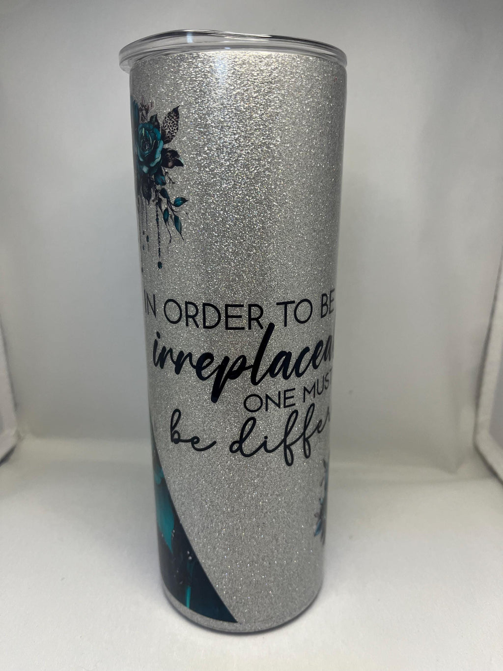 20. 20oz   Silver Glitter with Blue Flowers Tumbler