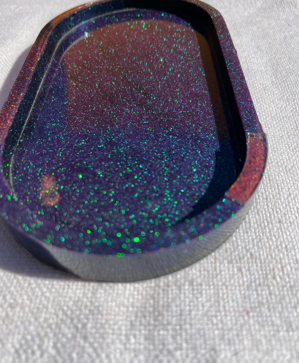 Green color shift and Red Glitter Oval Resin Trinket Tray