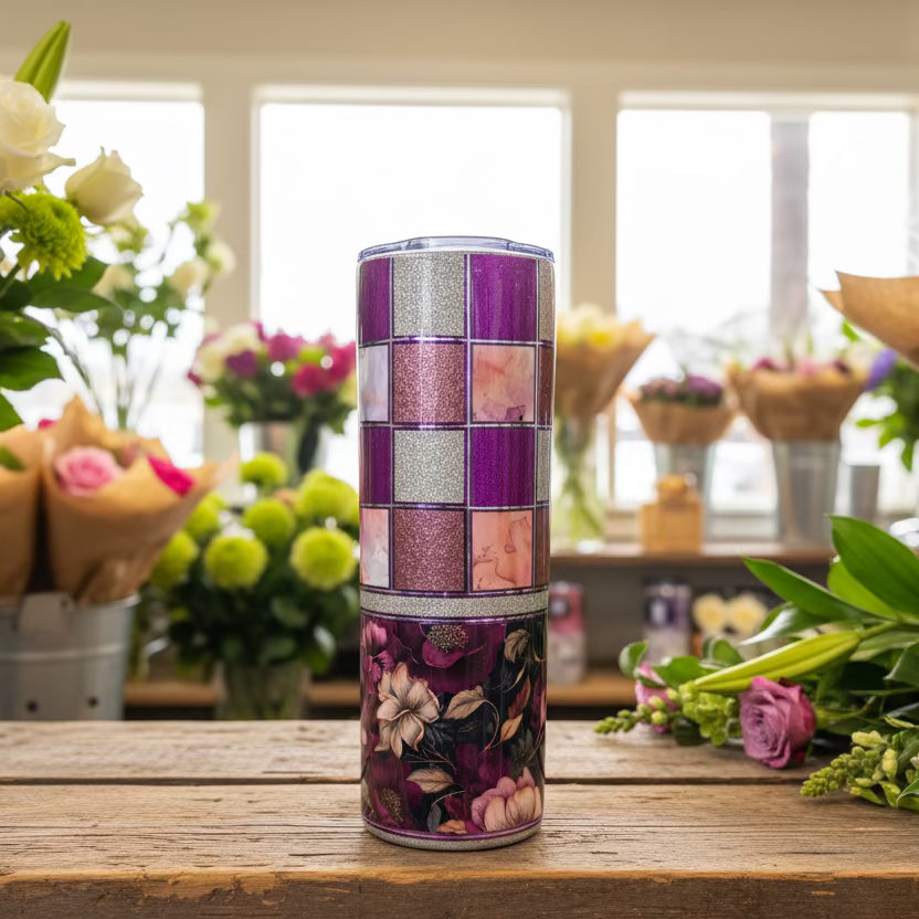 6.20oz   Silver and Purple Checkerboard Tumbler