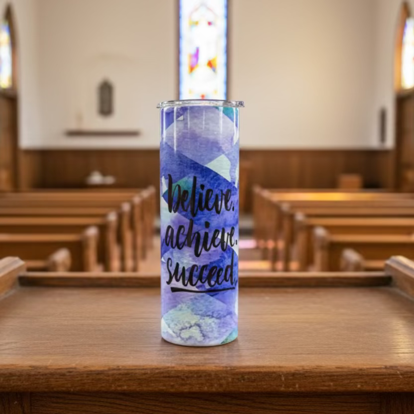20oz Believe, Achieve , Succeed Abstract Watercolor Tumbler. Sublimation Cup