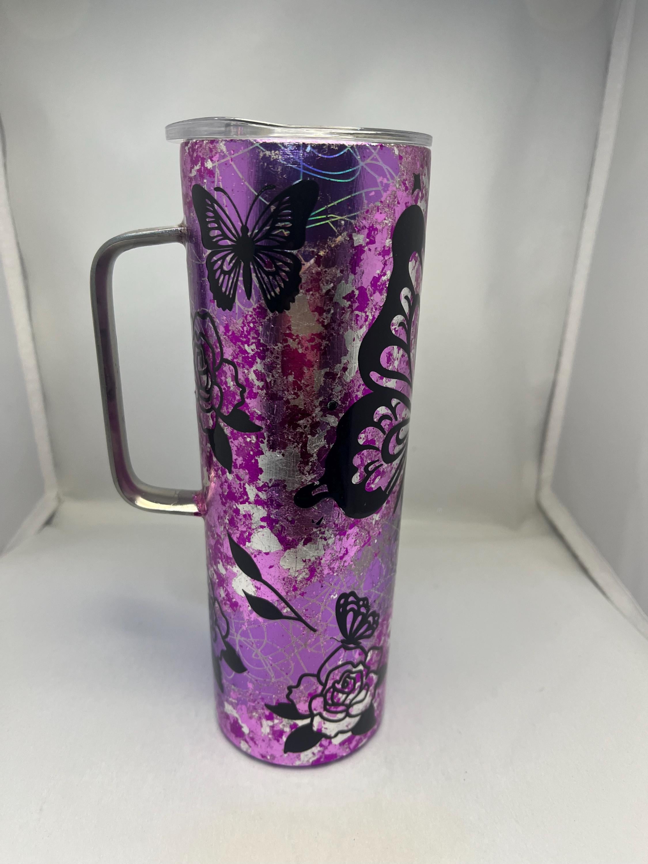 27. 20oz   Butterfly and Roses Tapered Tumbler with Handle