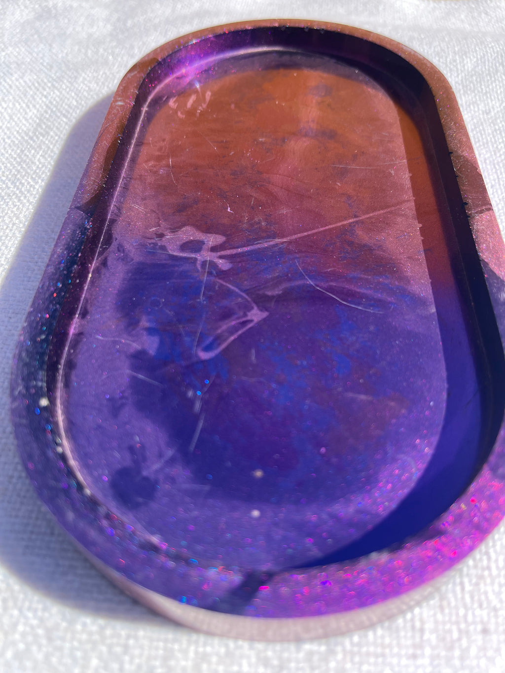 Purple  and blue to gold color shift resin oval tray or trinket dish