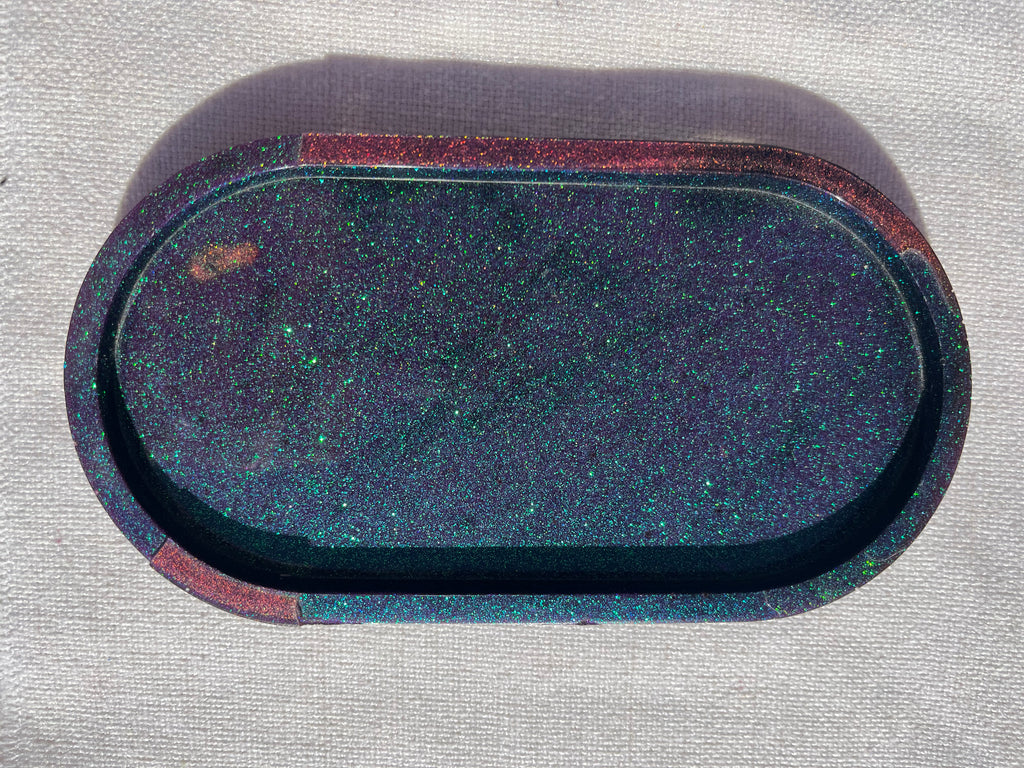 Green color shift and Red Glitter Oval Resin Trinket Tray