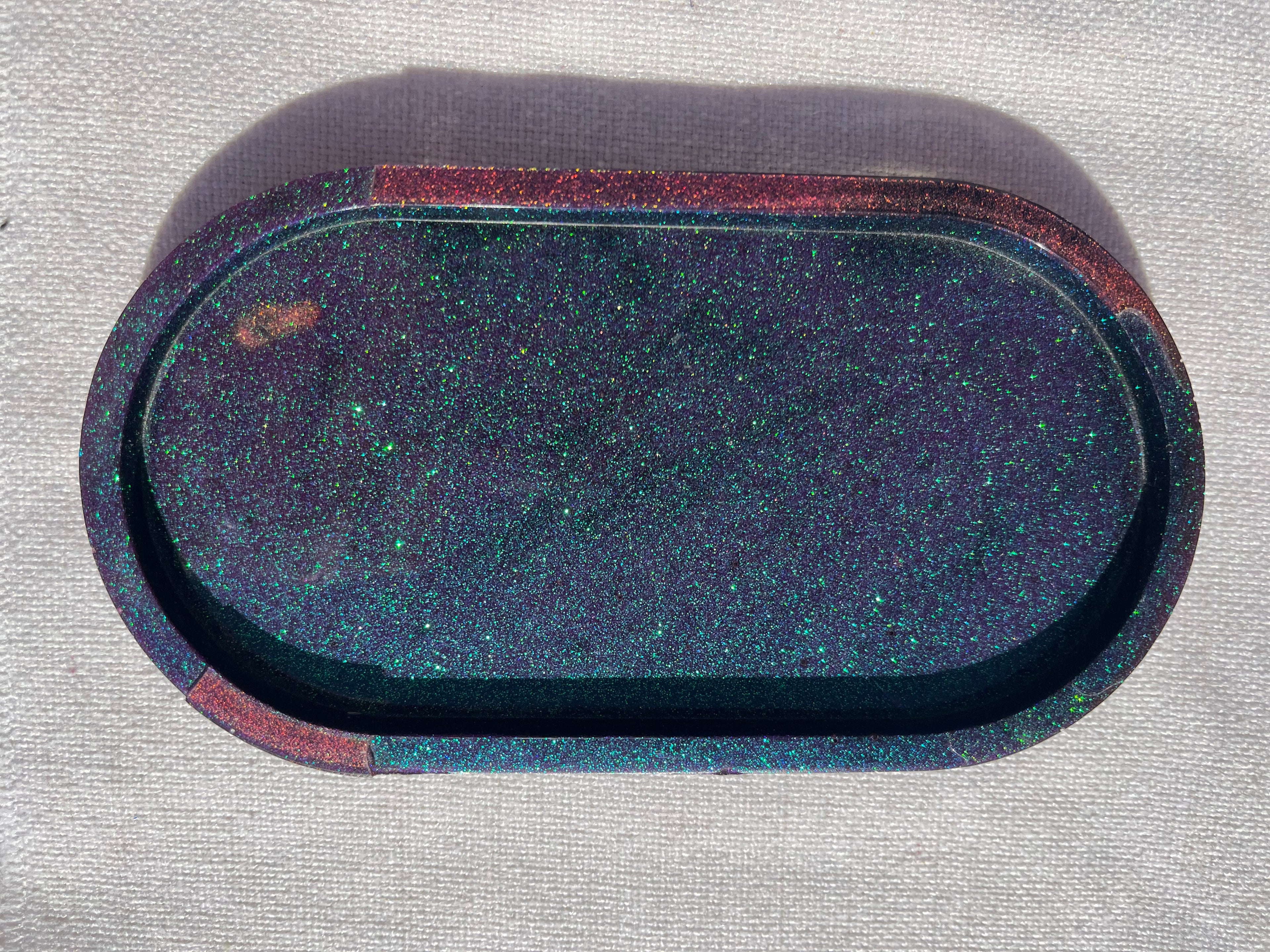 Green color shift and Red Glitter Oval Resin Trinket Tray