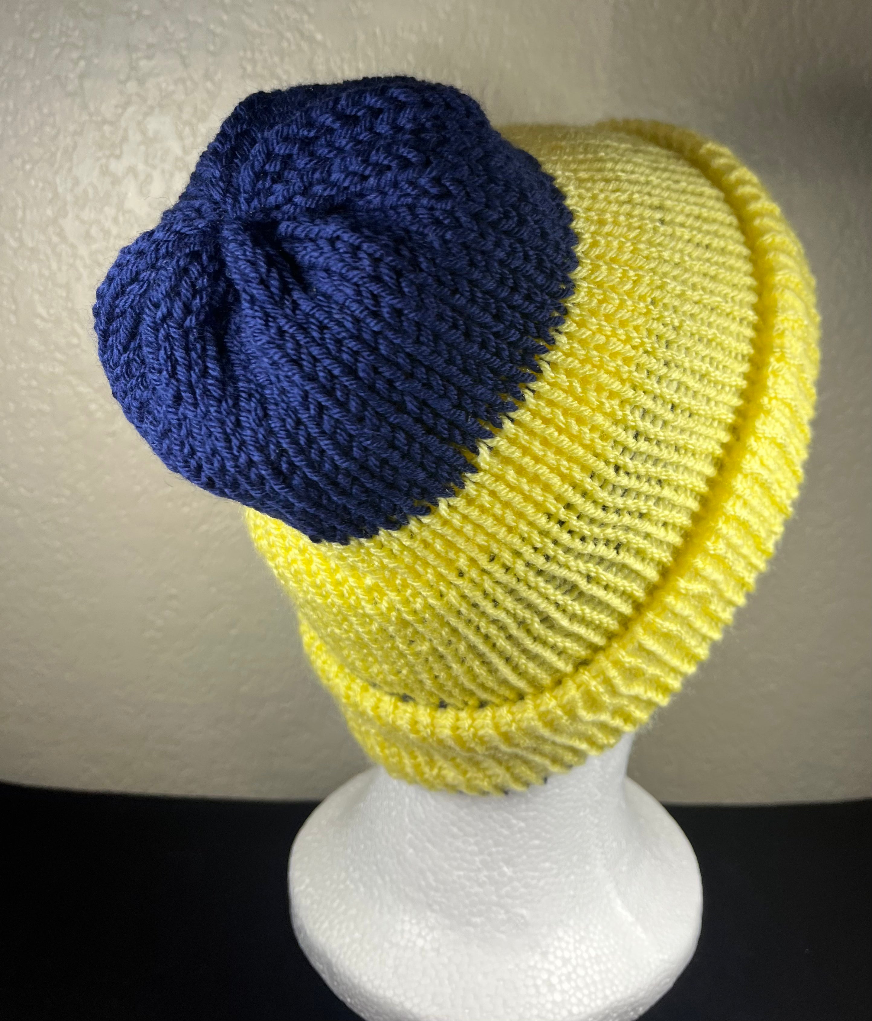 Blue and Yellow Striped Reversible Hat or Beanie