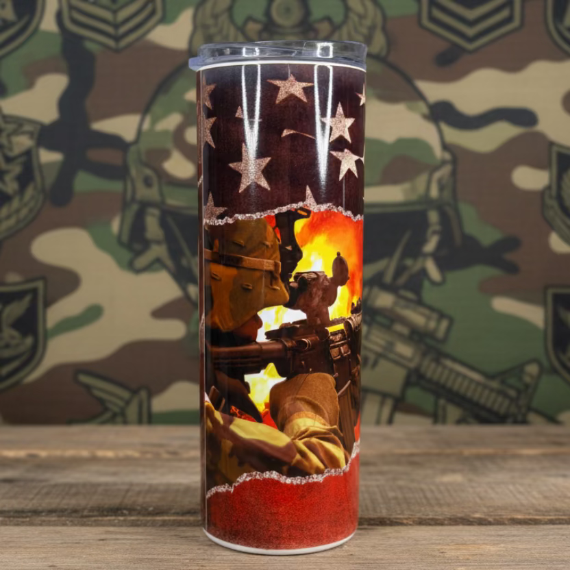 Soldier with American Flag Tumbler Sublimation Cup