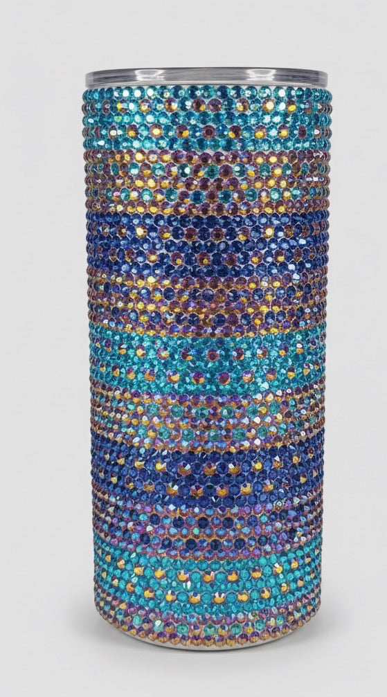 15oz  Blue,Gold and Turquoise Glass Rhinestone Tumbler