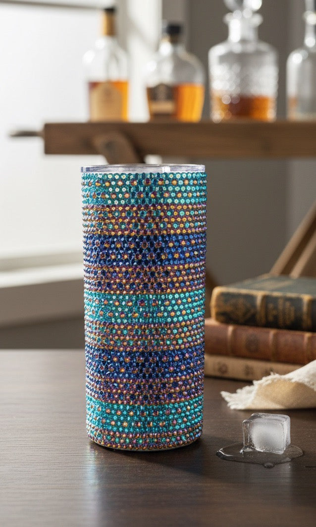 15oz  Blue,Gold and Turquoise Glass Rhinestone Tumbler