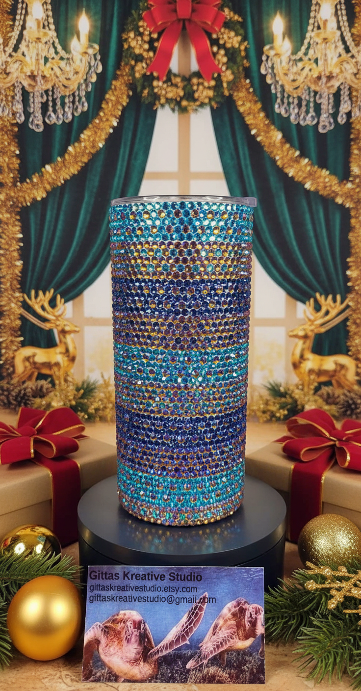 15oz  Blue,Gold and Turquoise Glass Rhinestone Tumbler