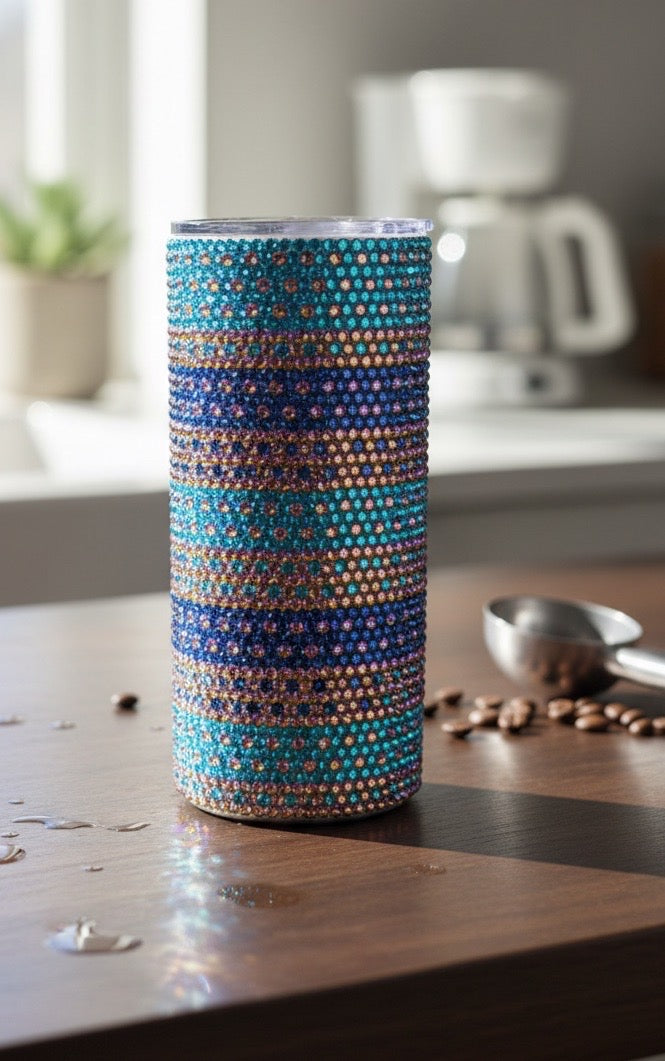 15oz  Blue,Gold and Turquoise Glass Rhinestone Tumbler