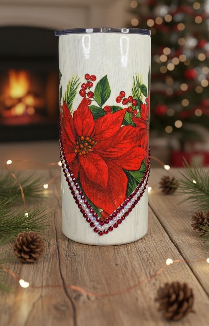 22oz   Poinsettia and Glass Rhinestones Tumbler or Vase
