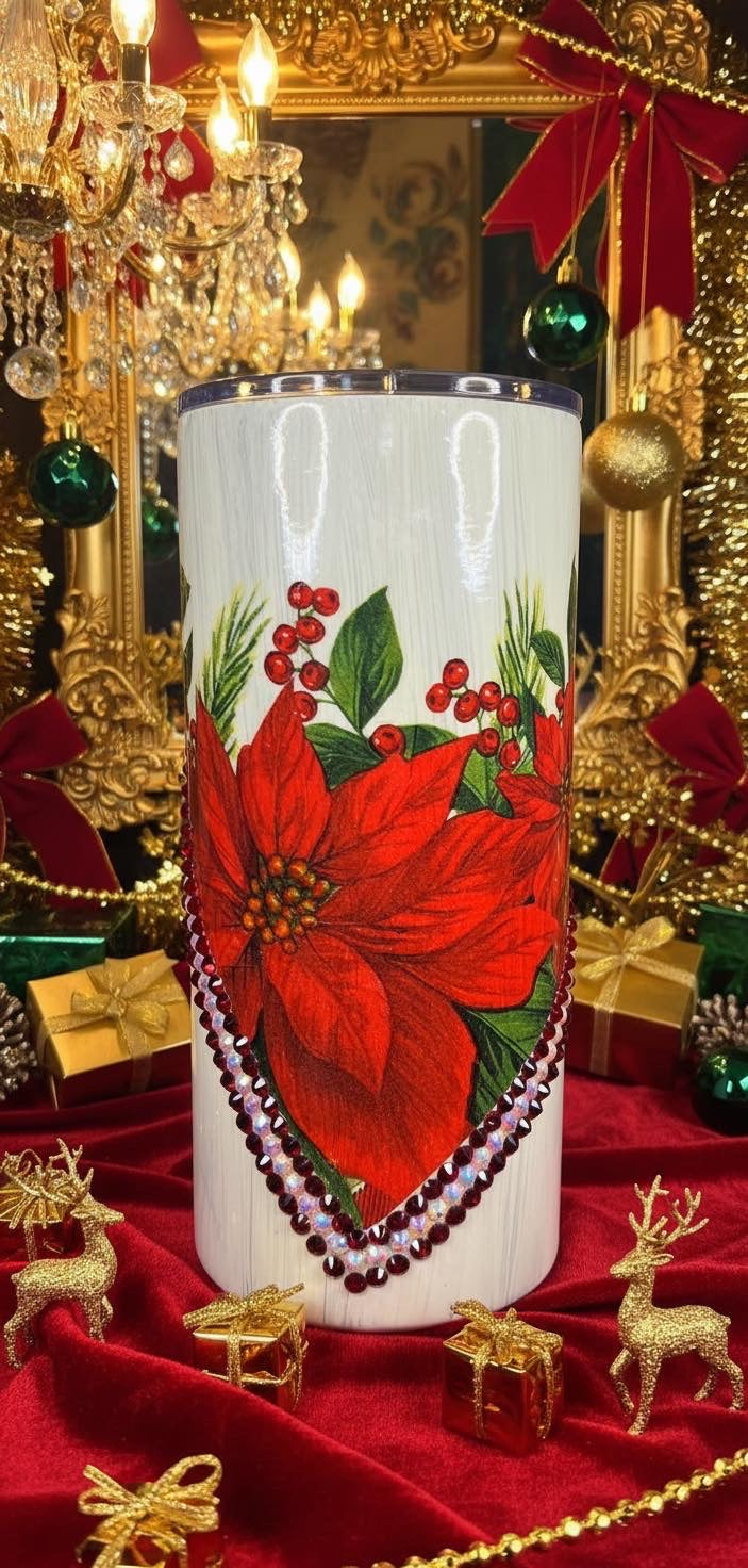 22oz   Poinsettia and Glass Rhinestones Tumbler or Vase