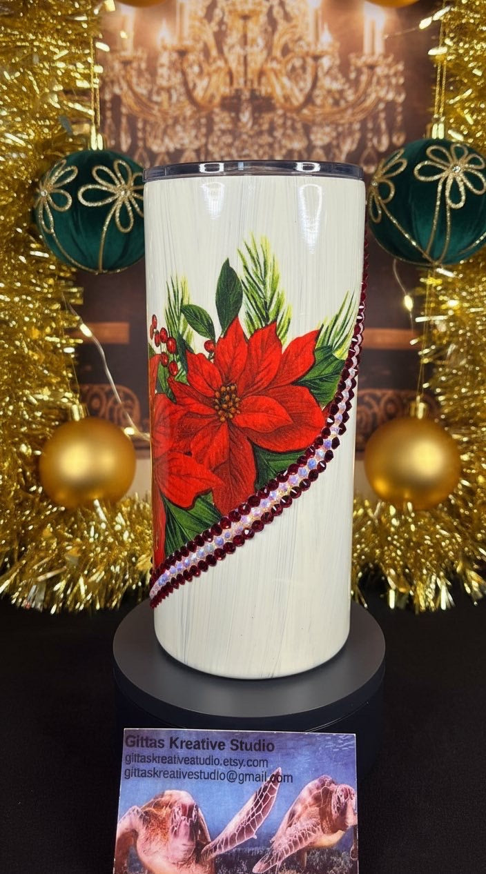 22oz   Poinsettia and Glass Rhinestones Tumbler or Vase