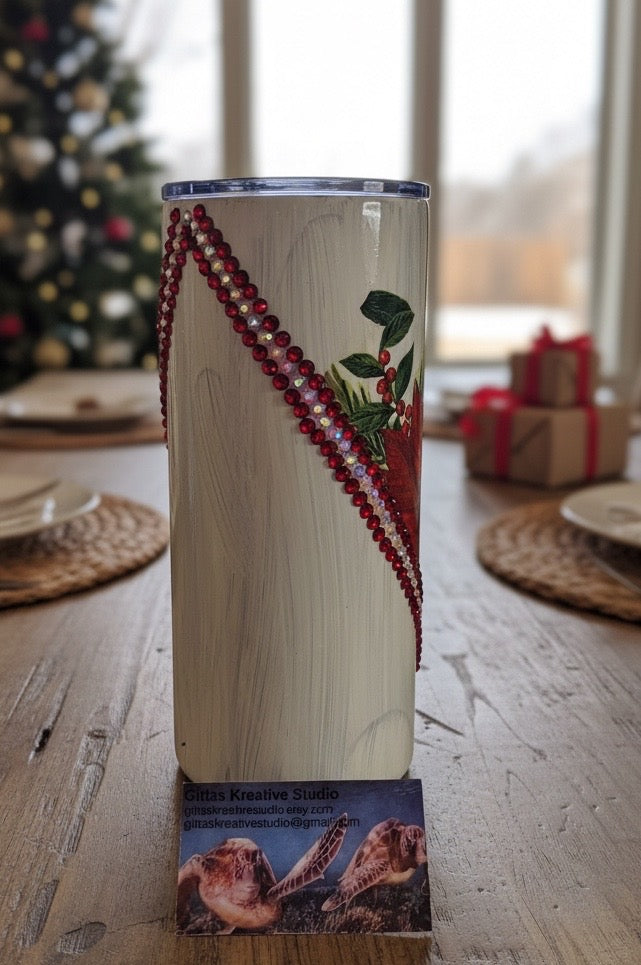 22oz   Poinsettia and Glass Rhinestones Tumbler or Vase