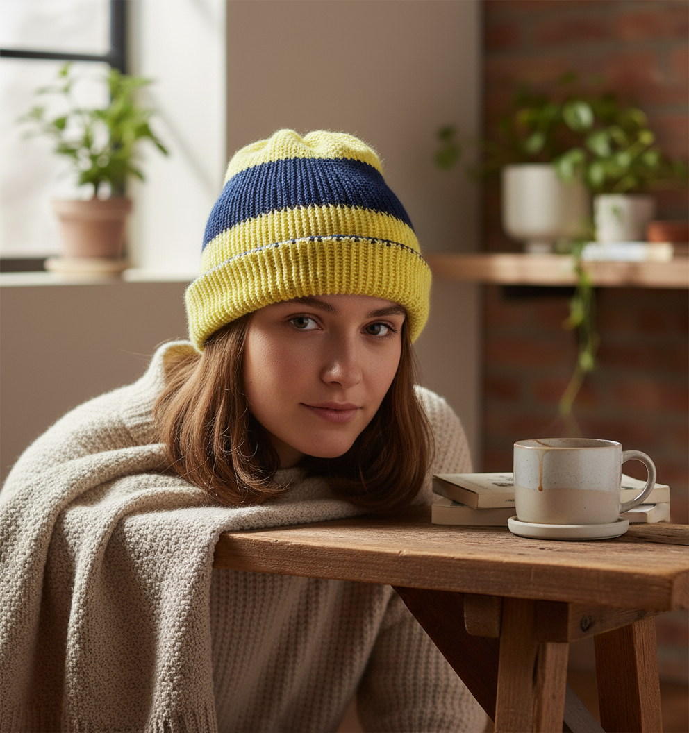 Blue and Yellow Striped Reversible Hat or Beanie