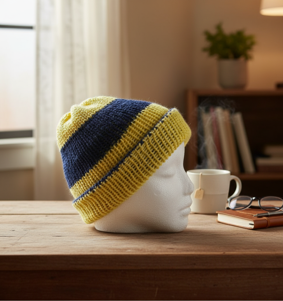 Blue and Yellow Striped Reversible Hat or Beanie