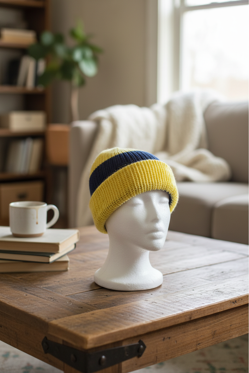 Blue and Yellow Striped Reversible Hat or Beanie