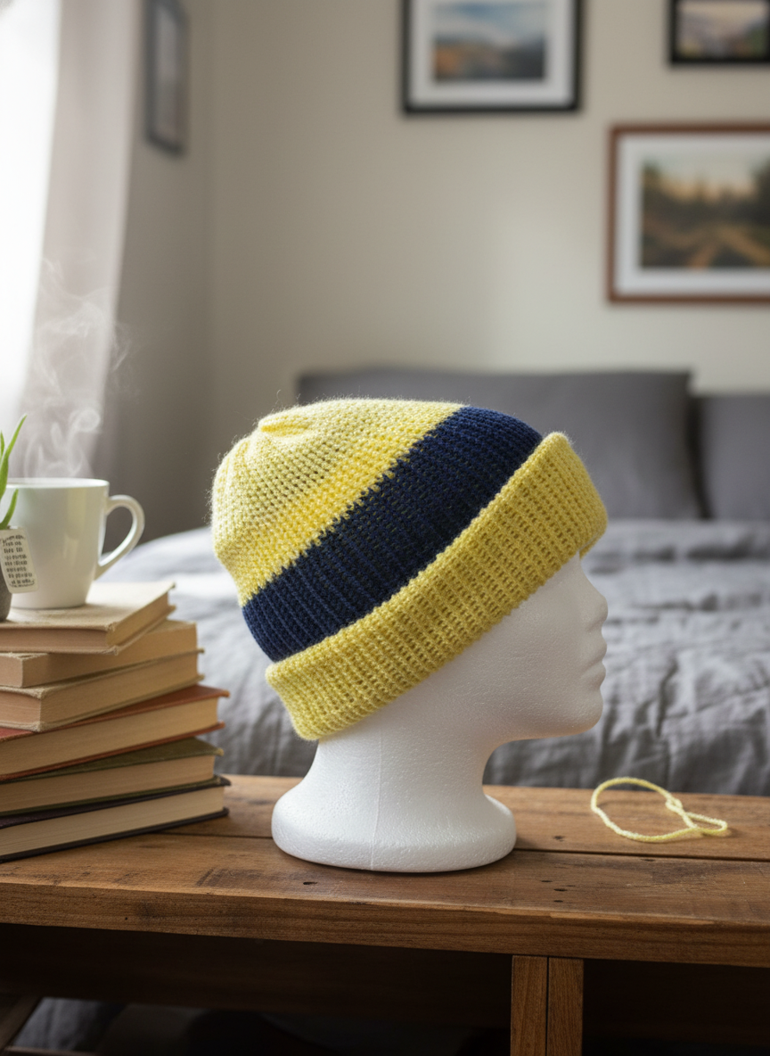 Blue and Yellow Striped Reversible Hat or Beanie