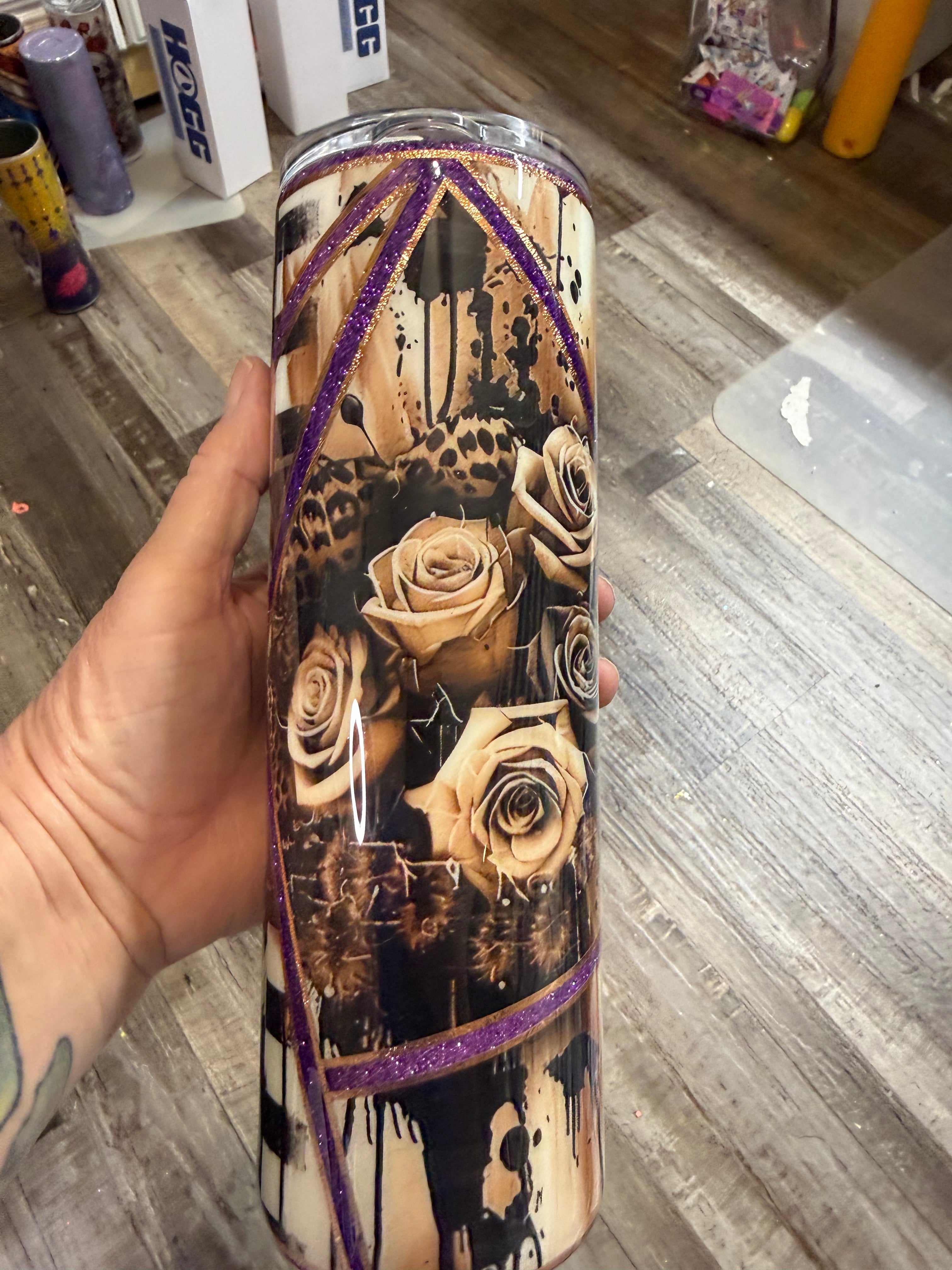 #4 30oz Tan Roses with Purple Stripes Epoxy Tumbler
