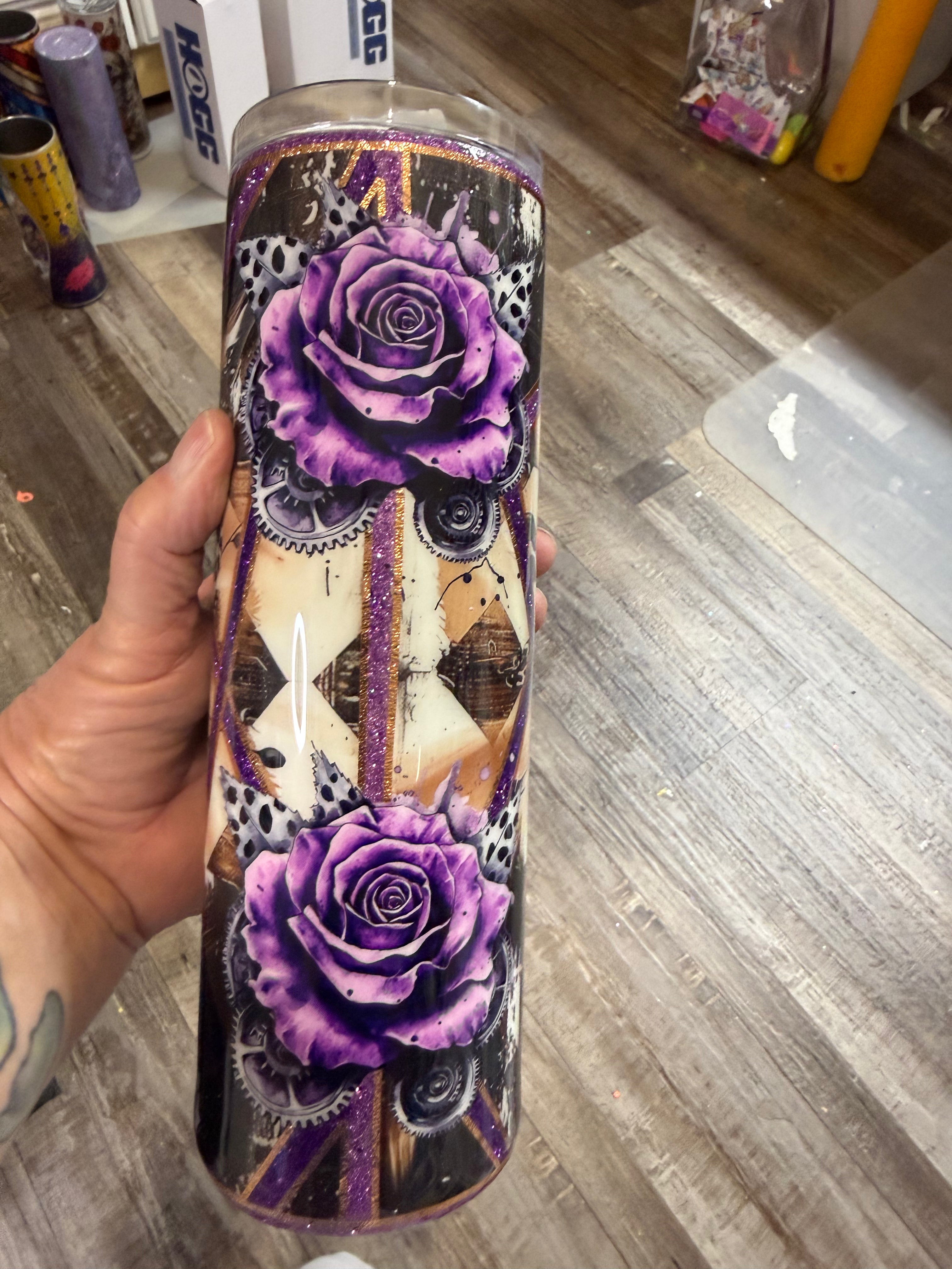 #4 30oz Tan Roses with Purple Stripes Epoxy Tumbler