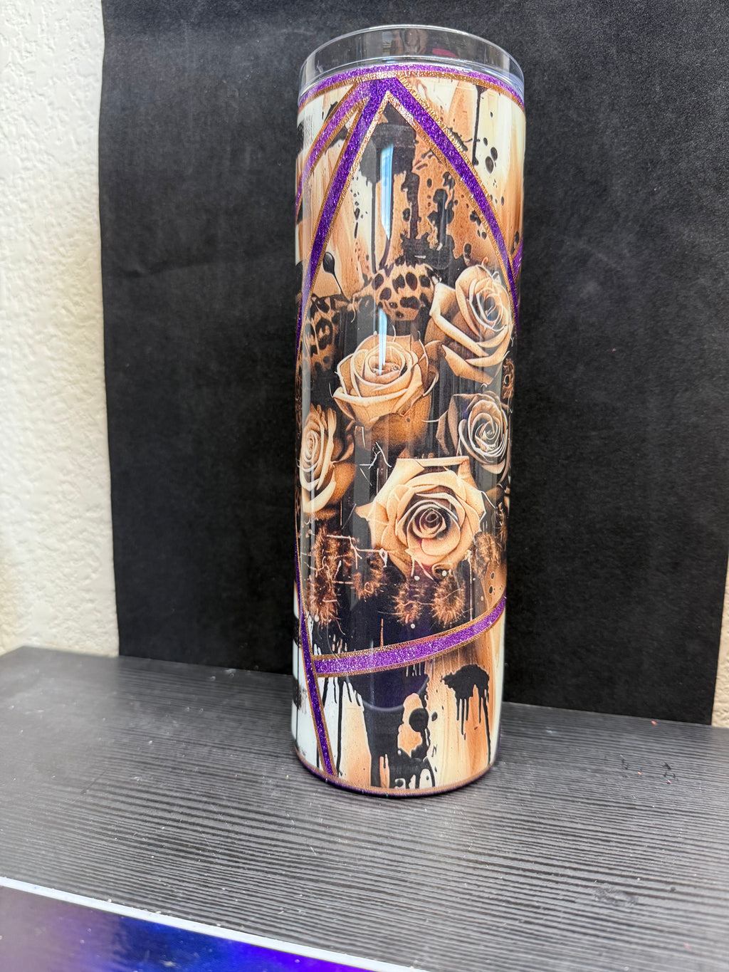 #4 30oz Tan Roses with Purple Stripes Epoxy Tumbler