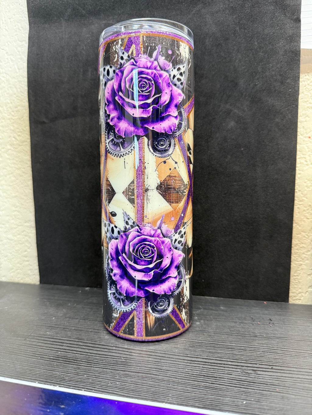 #4 30oz Tan Roses with Purple Stripes Epoxy Tumbler
