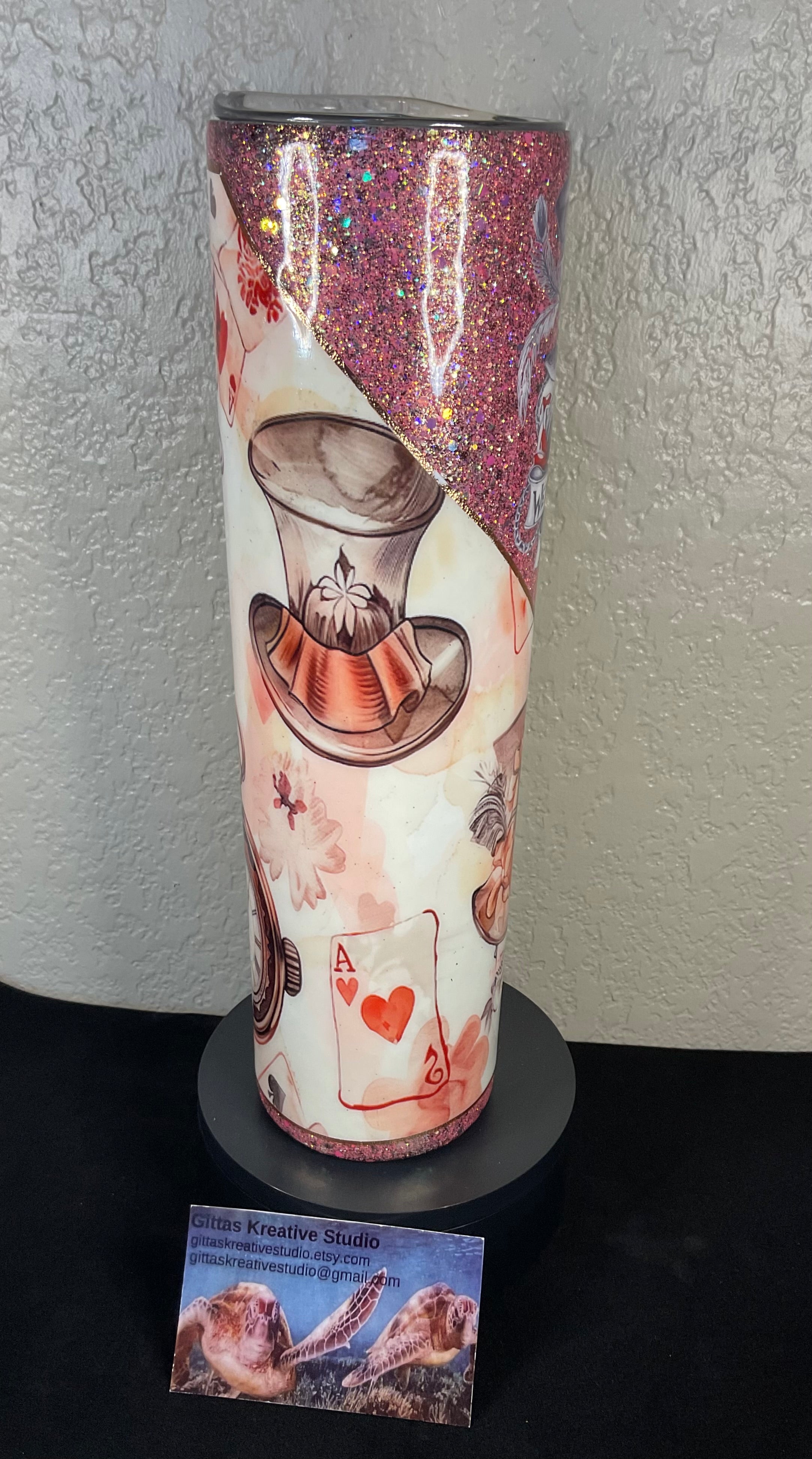 30oz Tapered Tumbler “ we are all mad here” with Pink Glitter