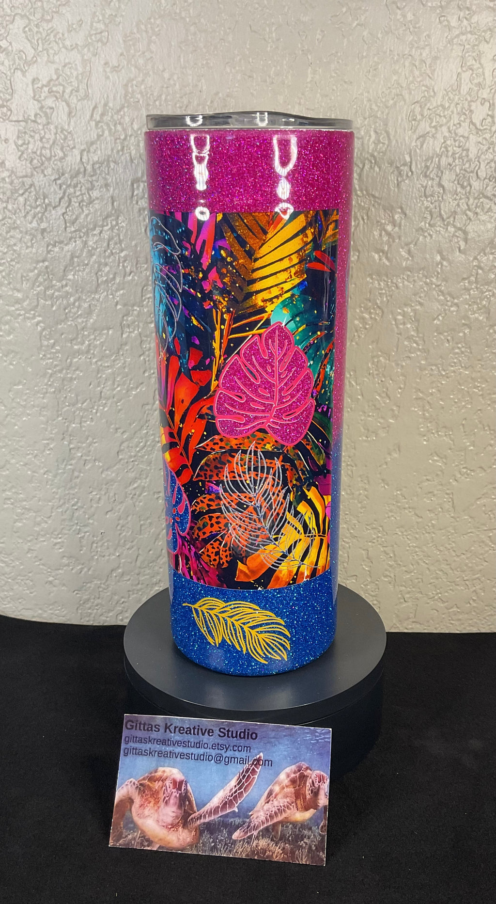 7. 20oz Pink and Blue Glitter Tumbler with Monstera Leaf