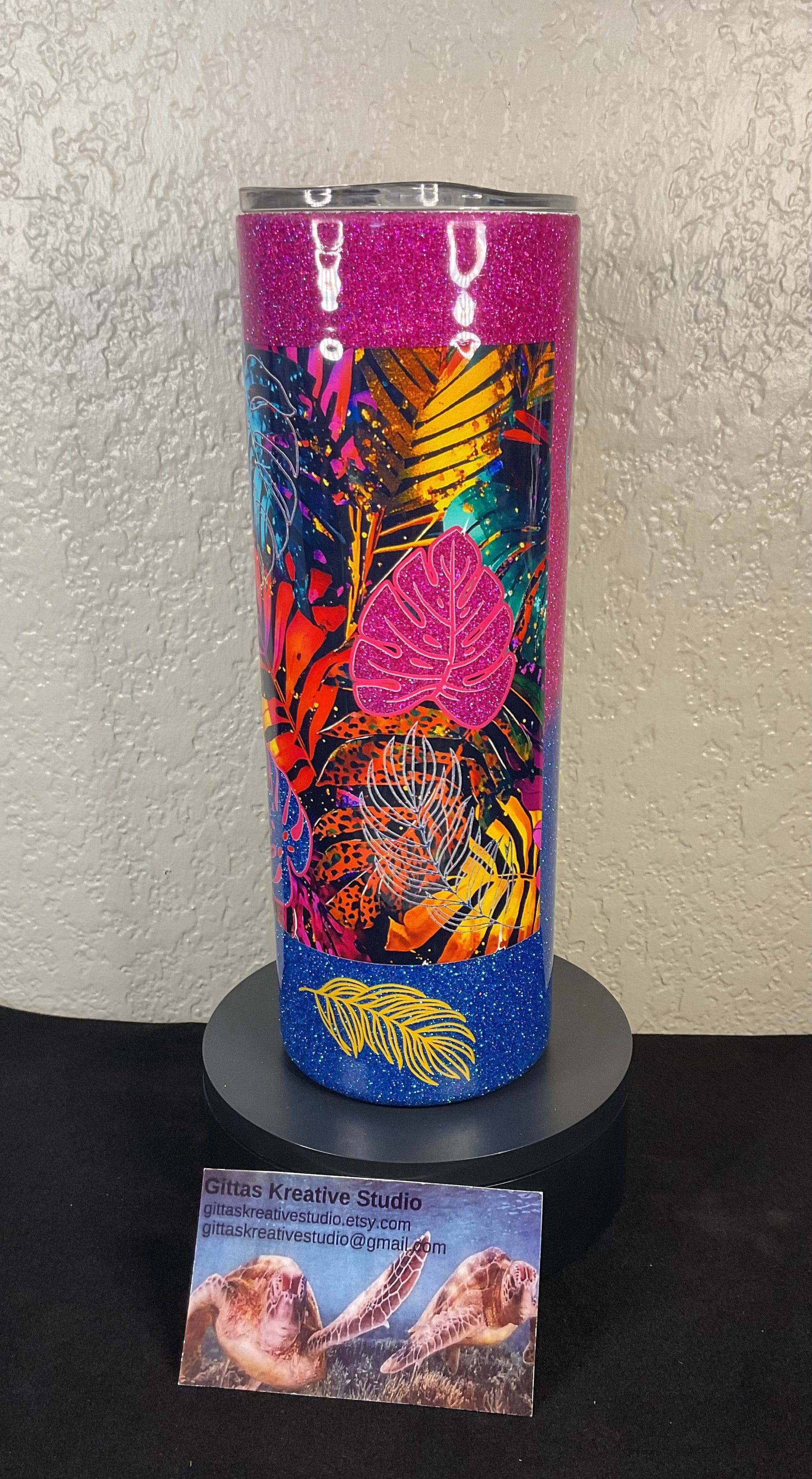 7. 20oz Pink and Blue Glitter Tumbler with Monstera Leaf