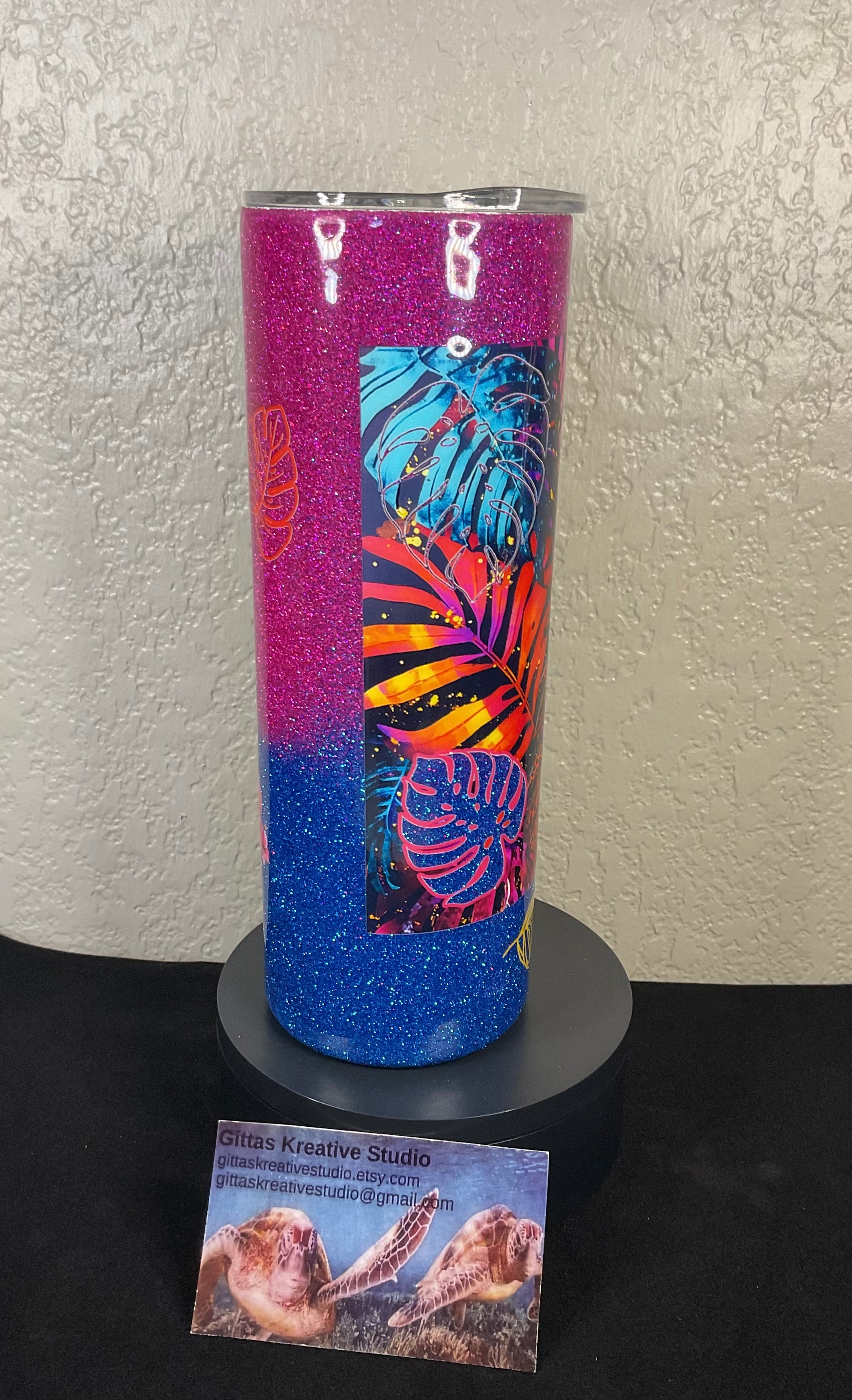 7. 20oz Pink and Blue Glitter Tumbler with Monstera Leaf