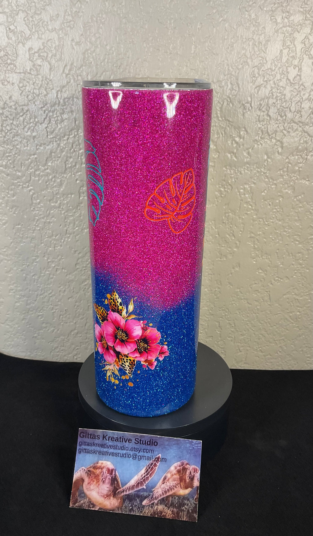 7. 20oz Pink and Blue Glitter Tumbler with Monstera Leaf