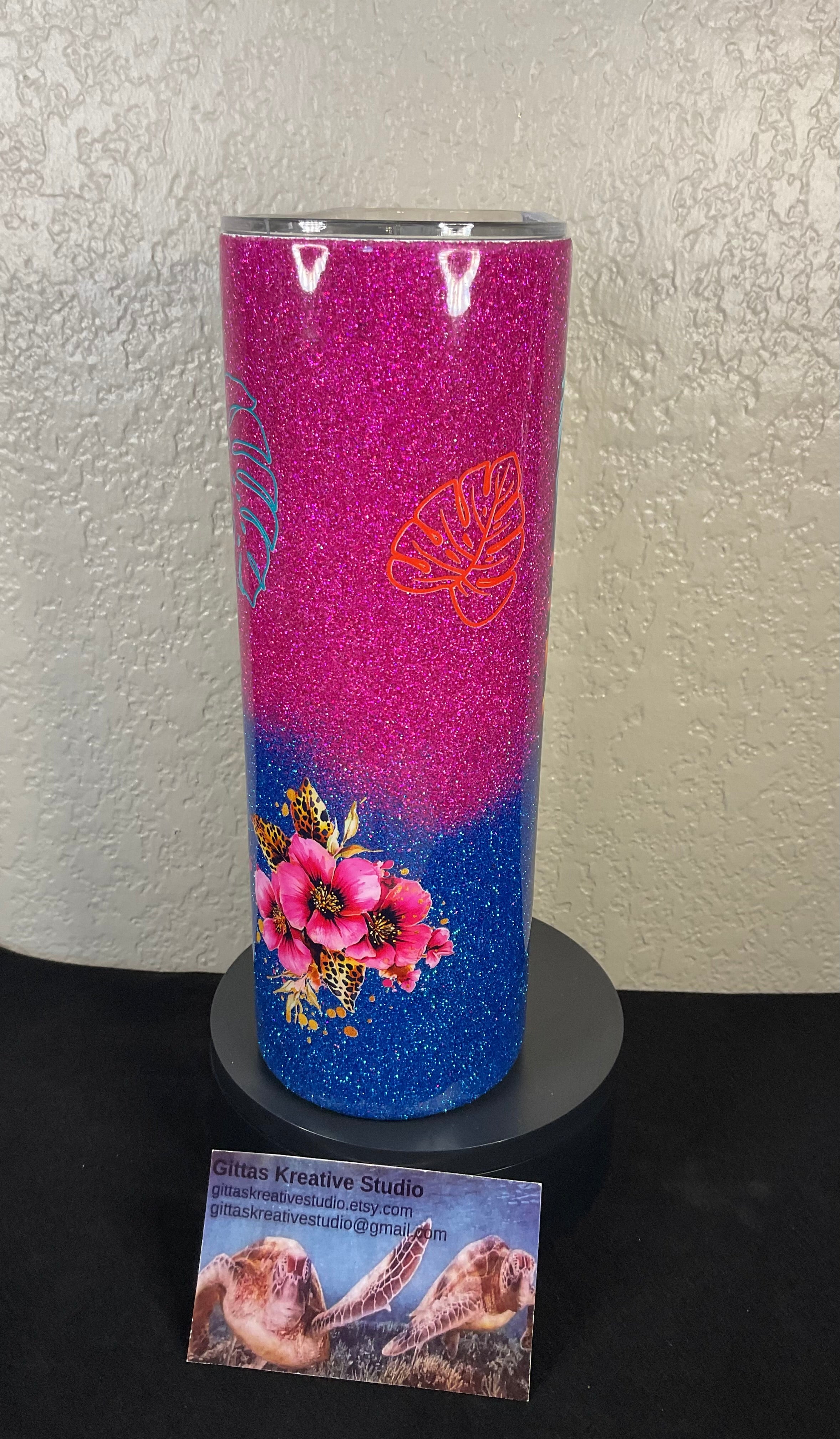 7. 20oz Pink and Blue Glitter Tumbler with Monstera Leaf