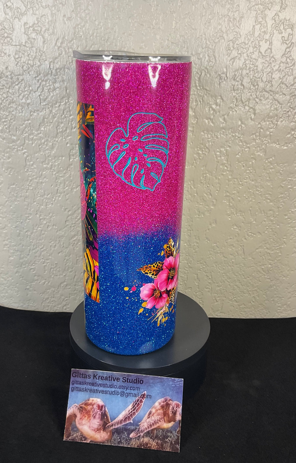 7. 20oz Pink and Blue Glitter Tumbler with Monstera Leaf