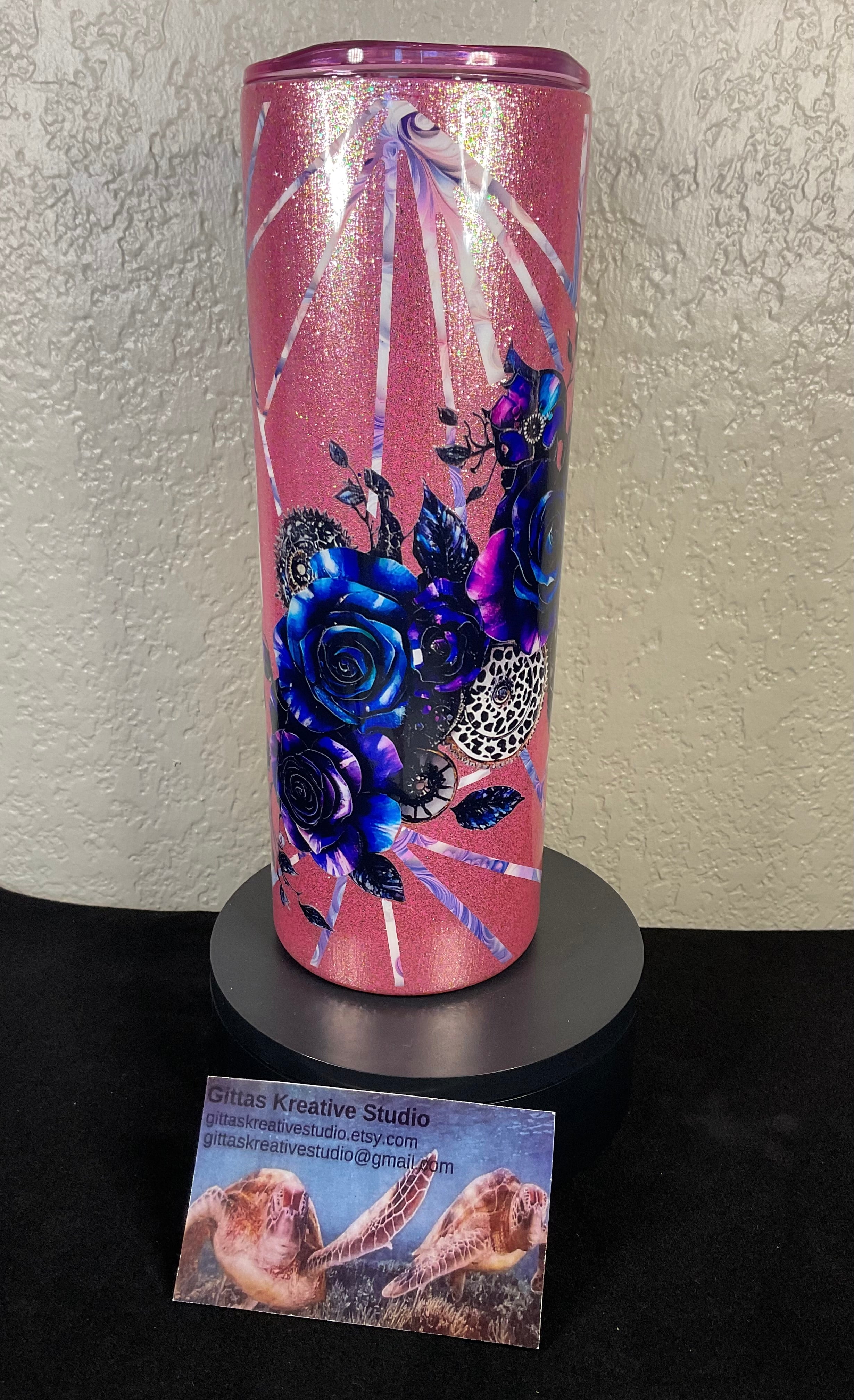 3. 20oz Pink Glitter Tumbler with Grunge Roses