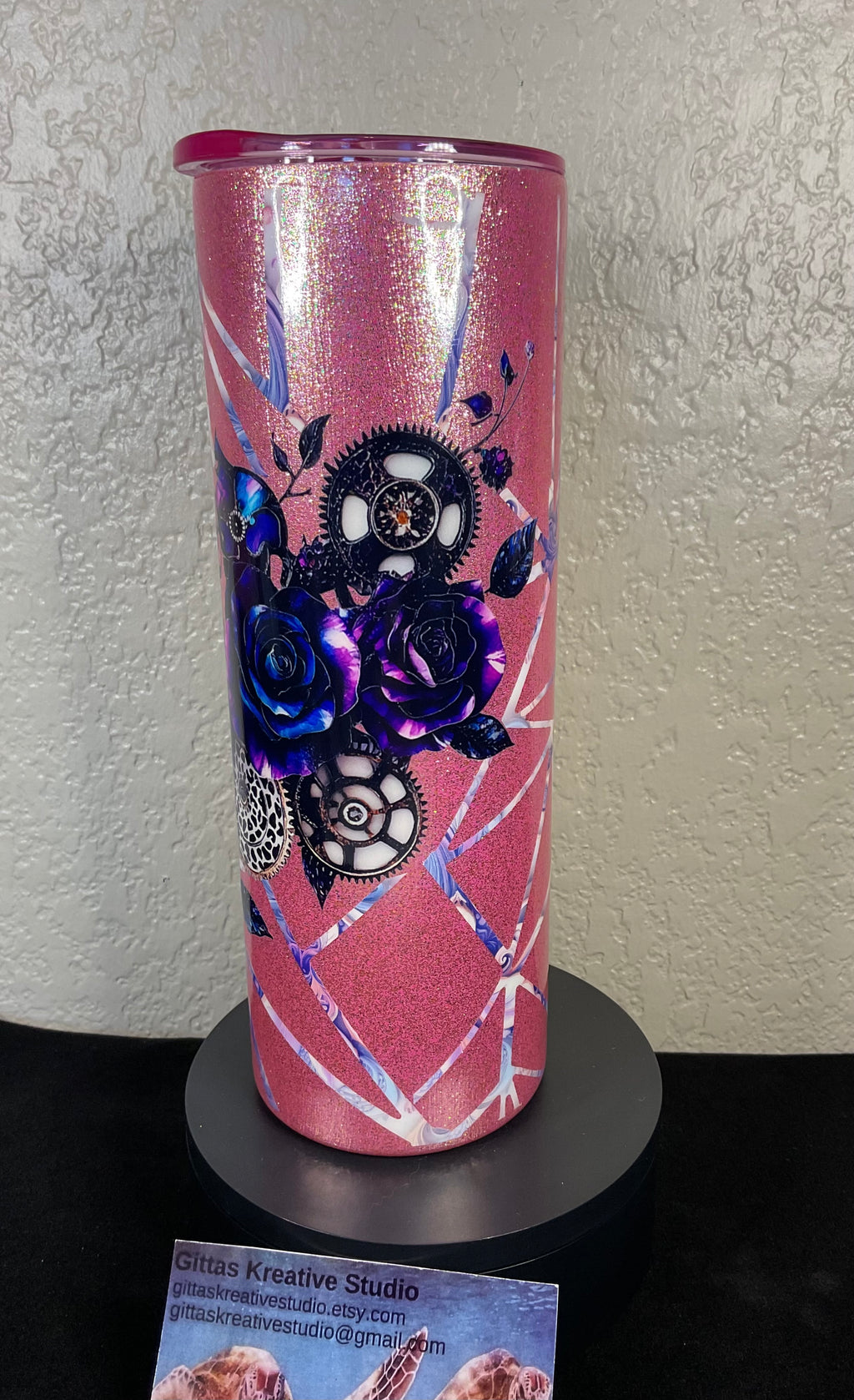 3. 20oz Pink Glitter Tumbler with Grunge Roses
