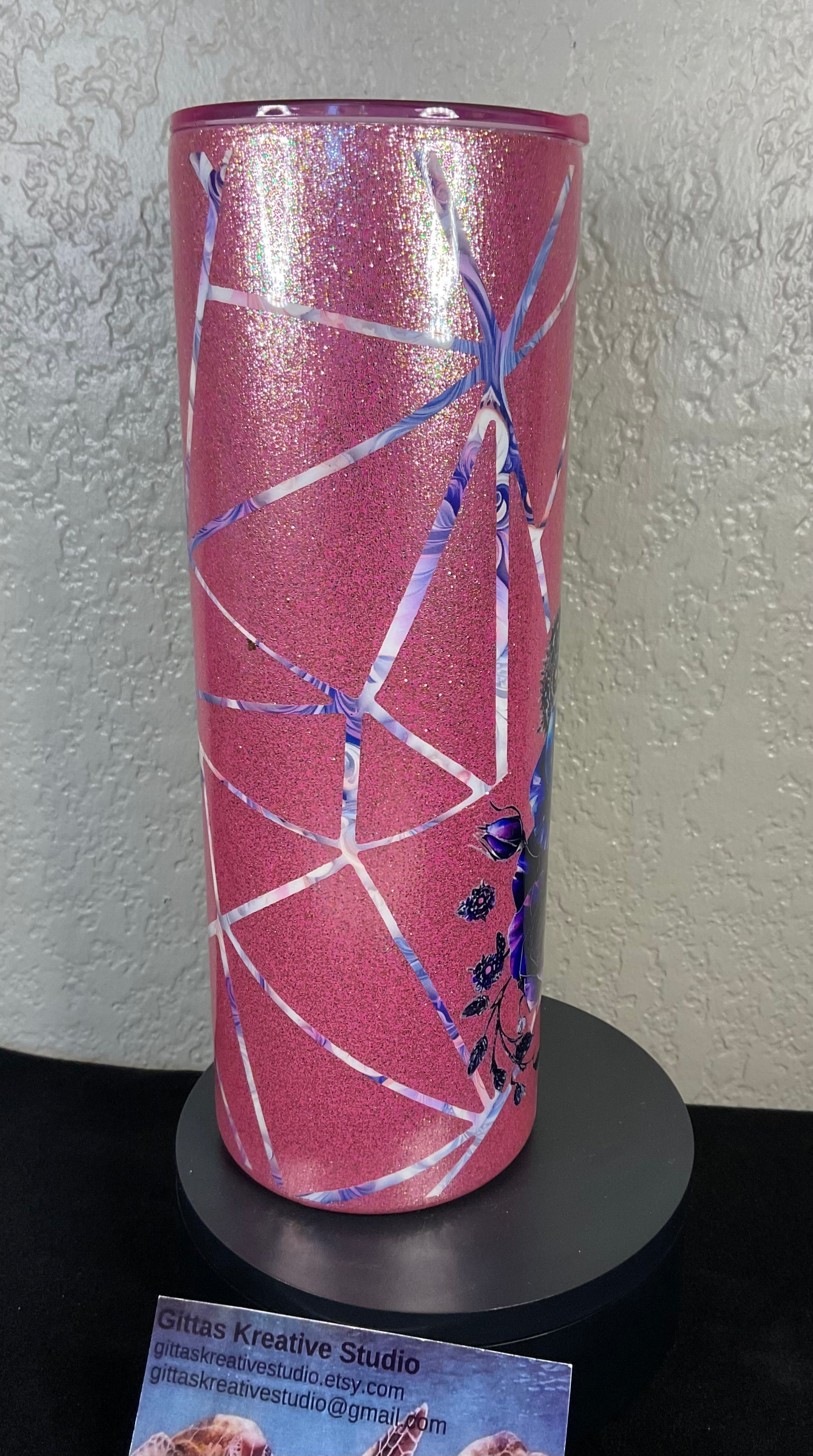3. 20oz Pink Glitter Tumbler with Grunge Roses