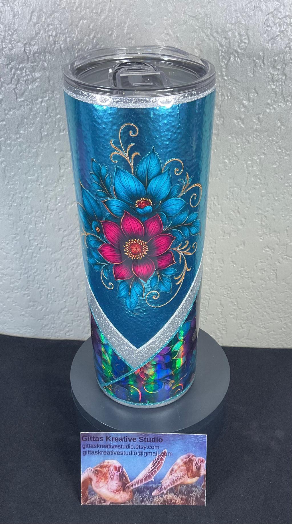 11. 20oz Blue Foil Tumbler with Holographic Flowers