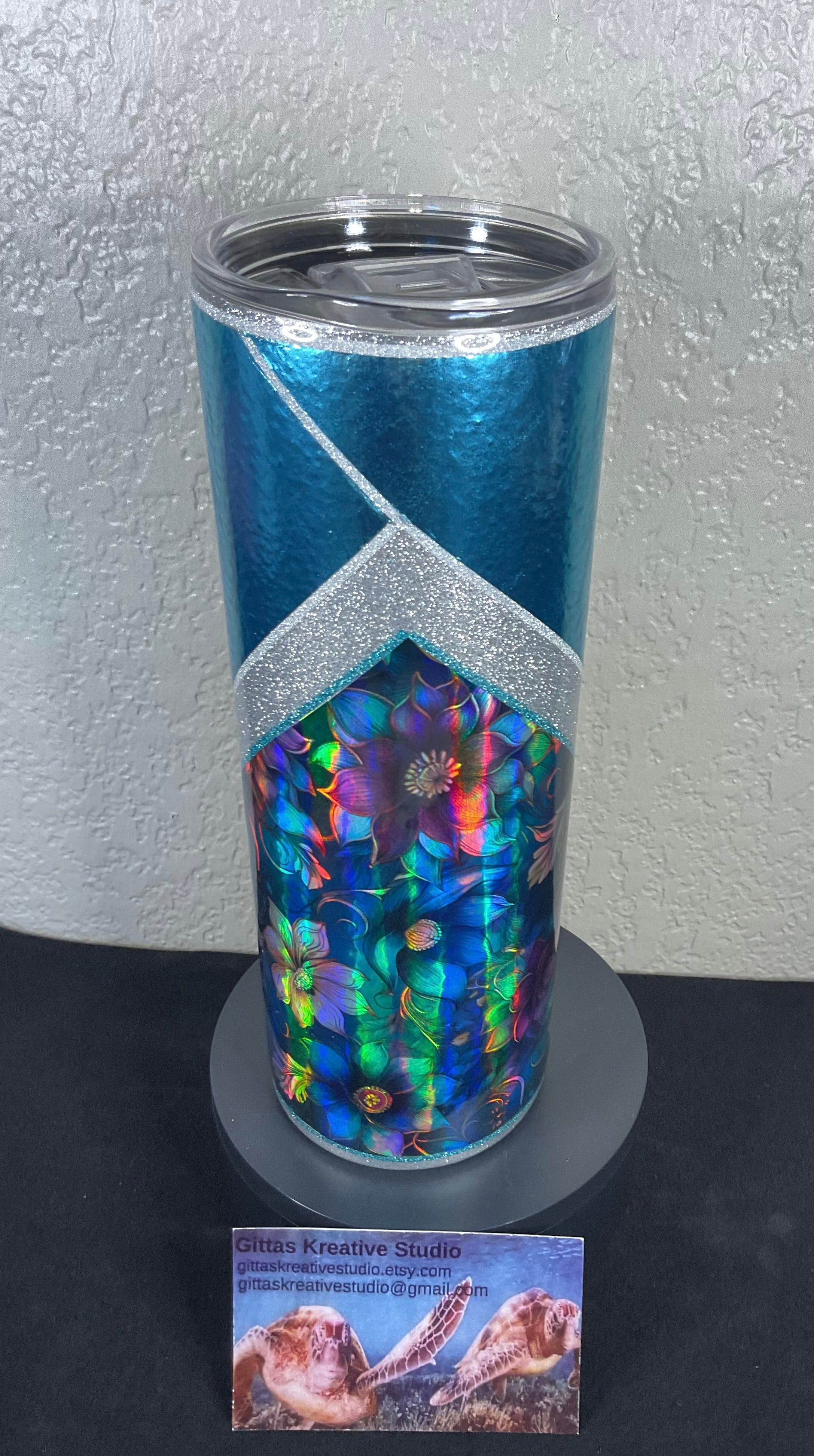11. 20oz Blue Foil Tumbler with Holographic Flowers