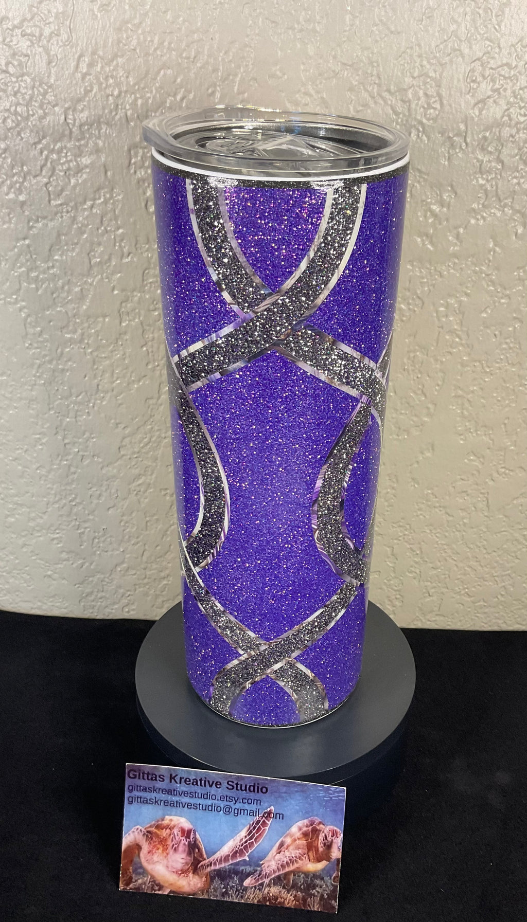 19. 20oz Purple Glitter Tumbler with Grey Glitter Stripes