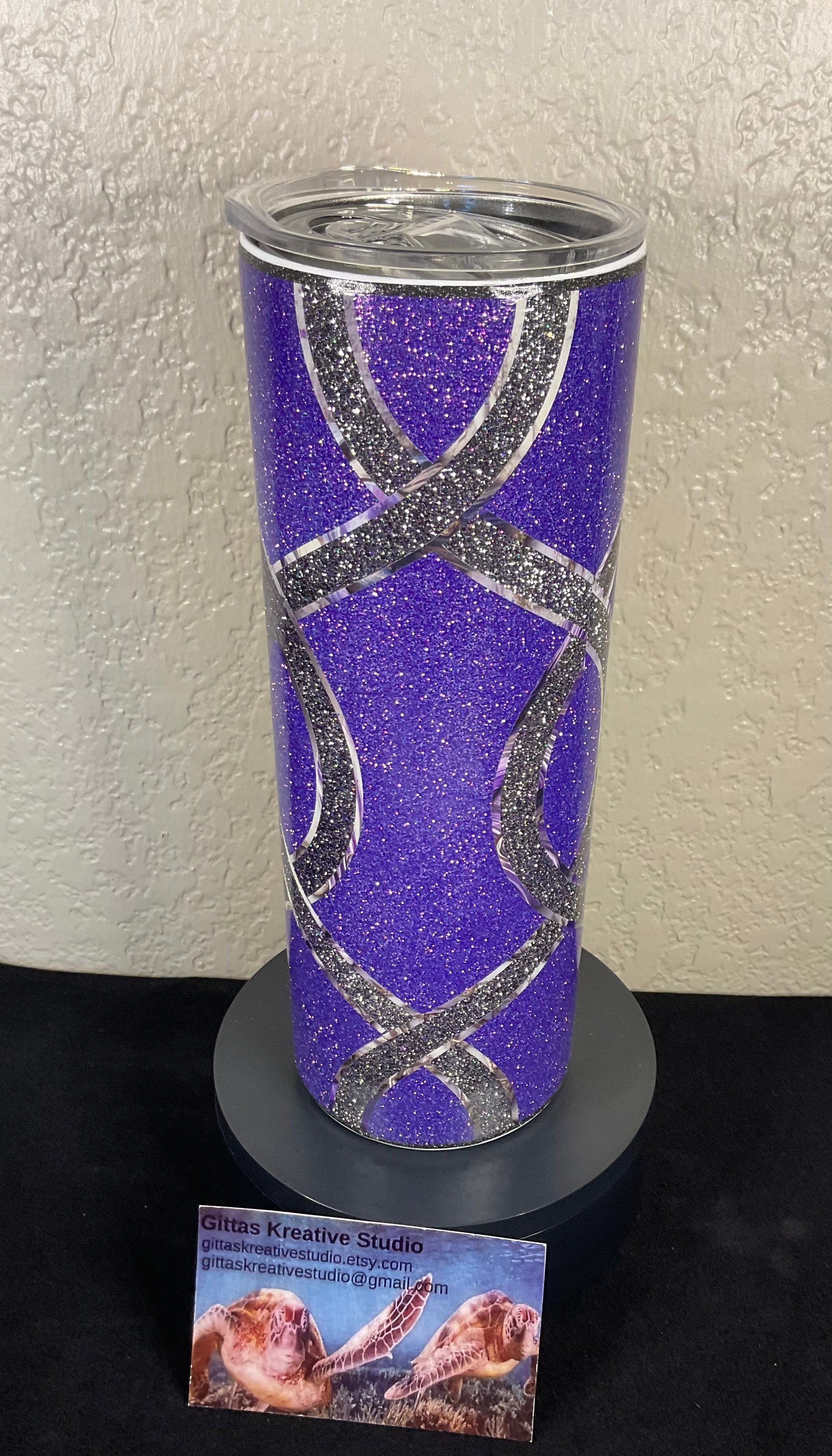19. 20oz Purple Glitter Tumbler with Grey Glitter Stripes