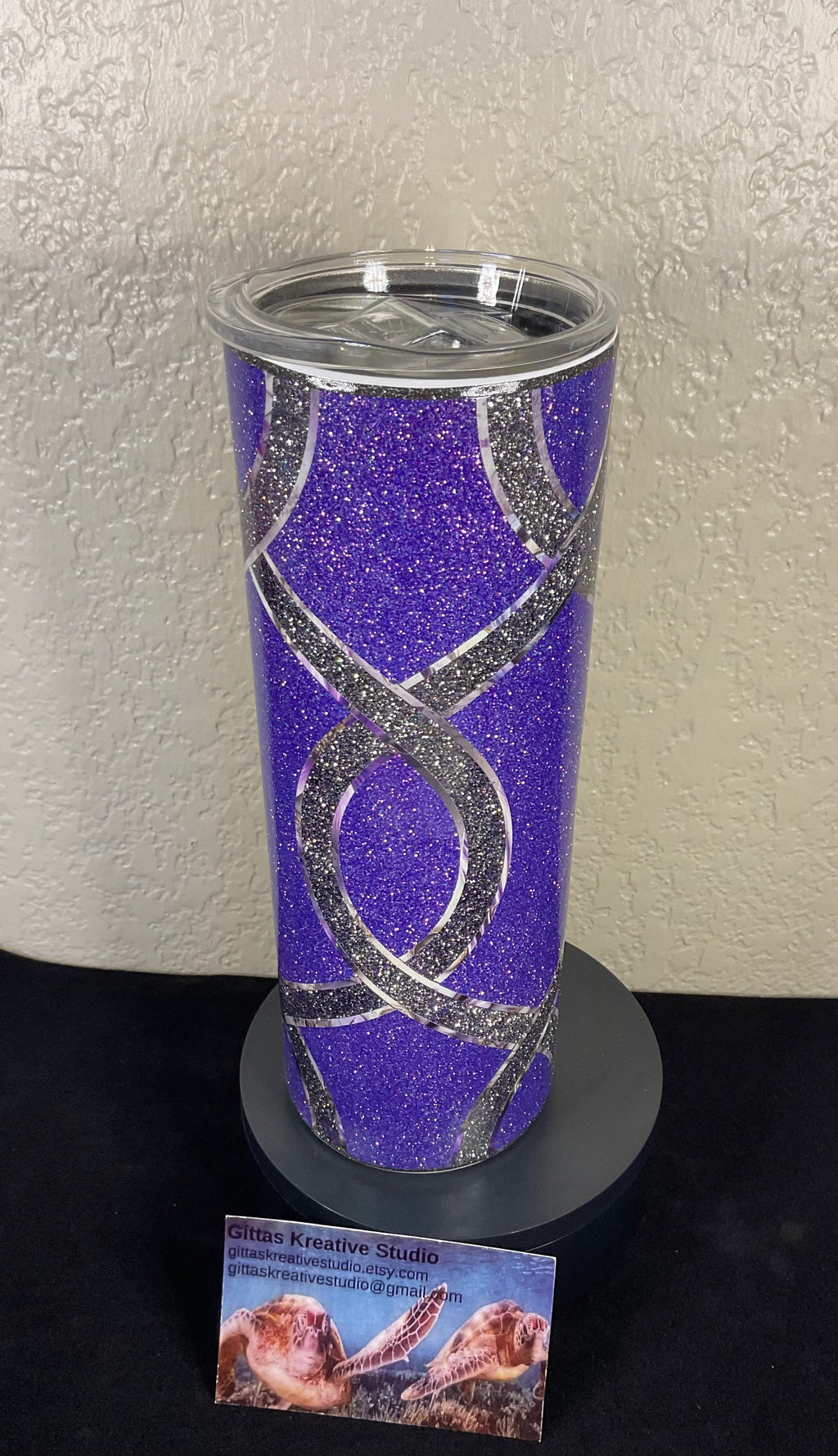 19. 20oz Purple Glitter Tumbler with Grey Glitter Stripes
