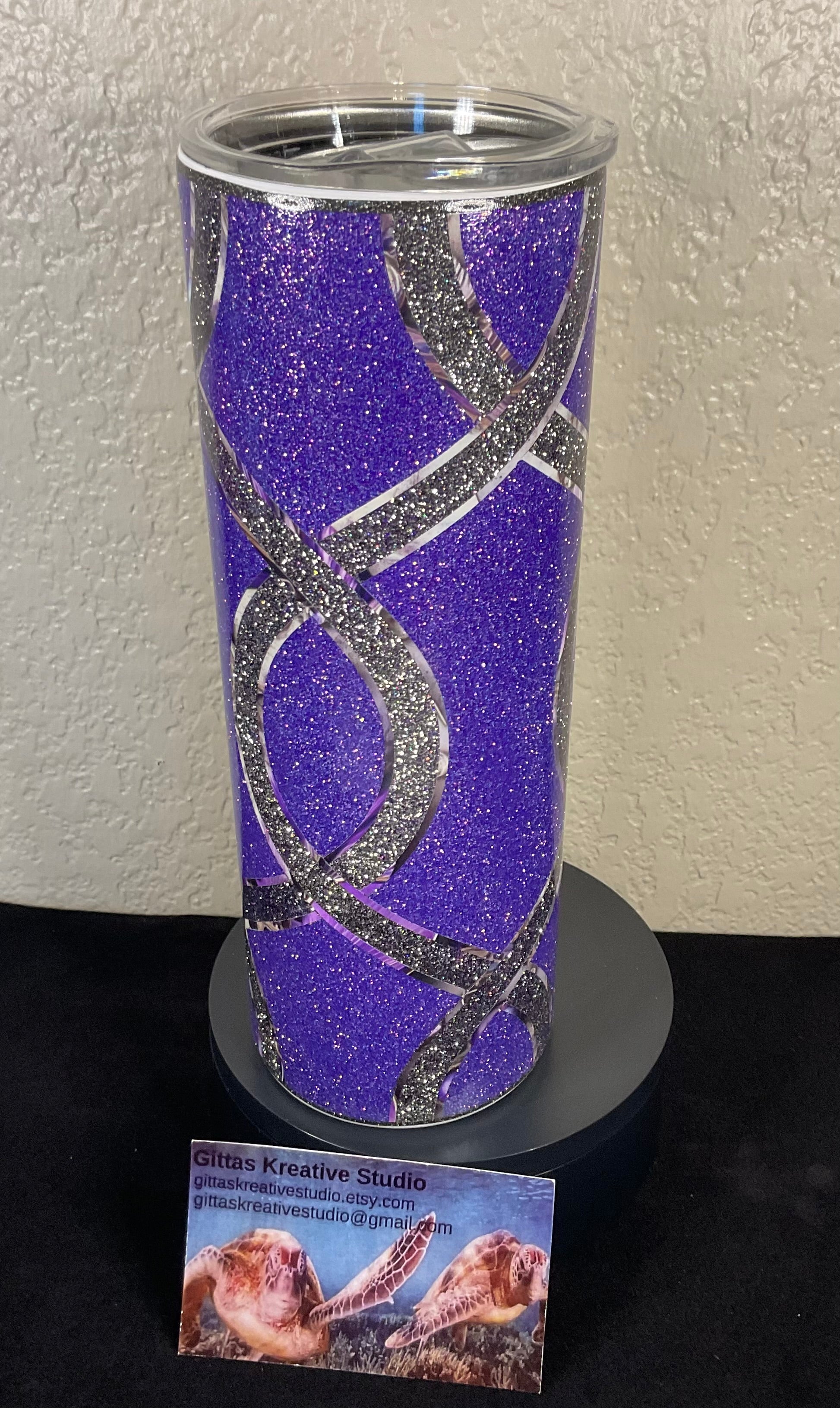 19. 20oz Purple Glitter Tumbler with Grey Glitter Stripes