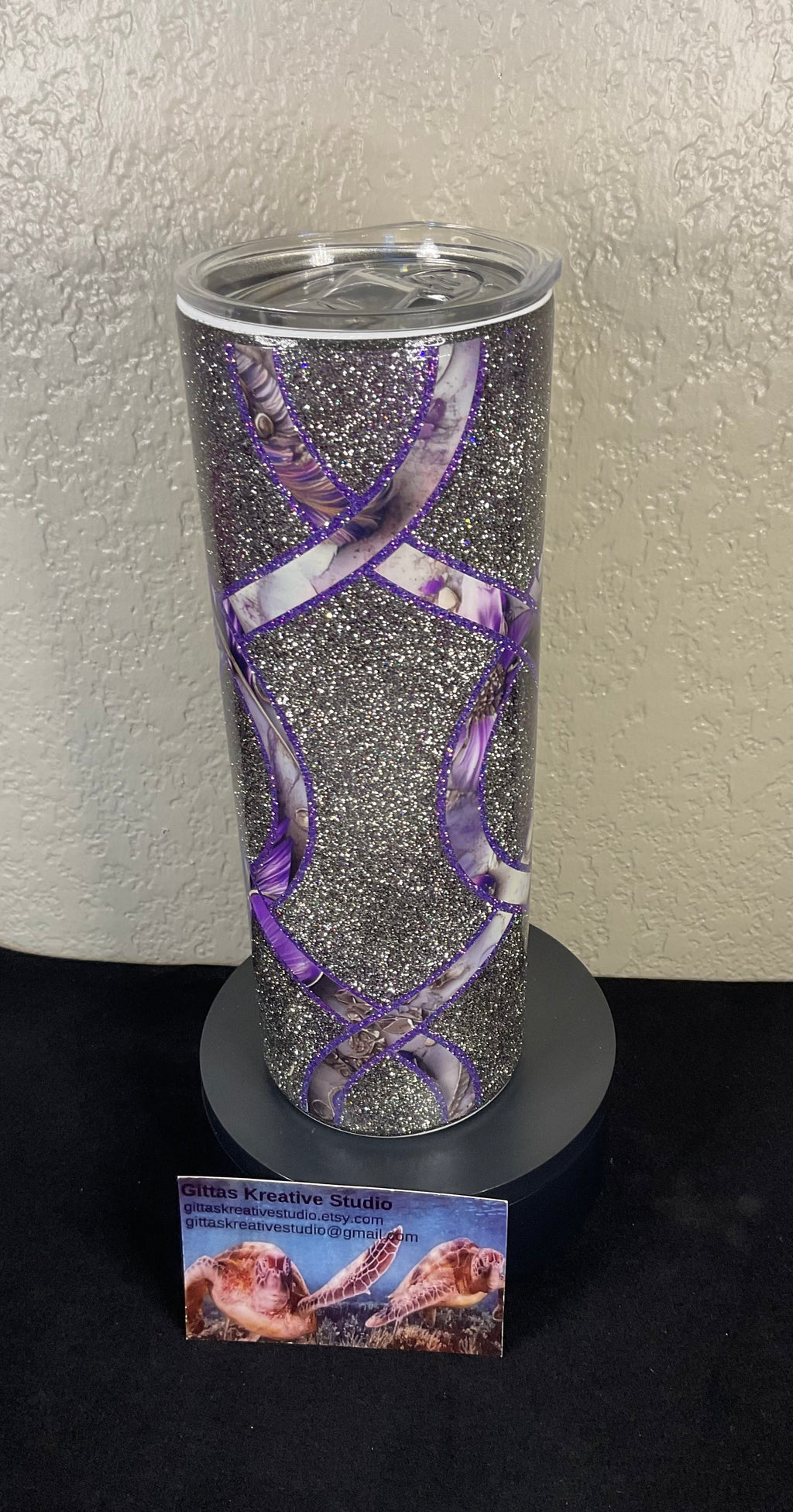 18. 20oz Silver Glitter Tumbler with Vinyl Striping