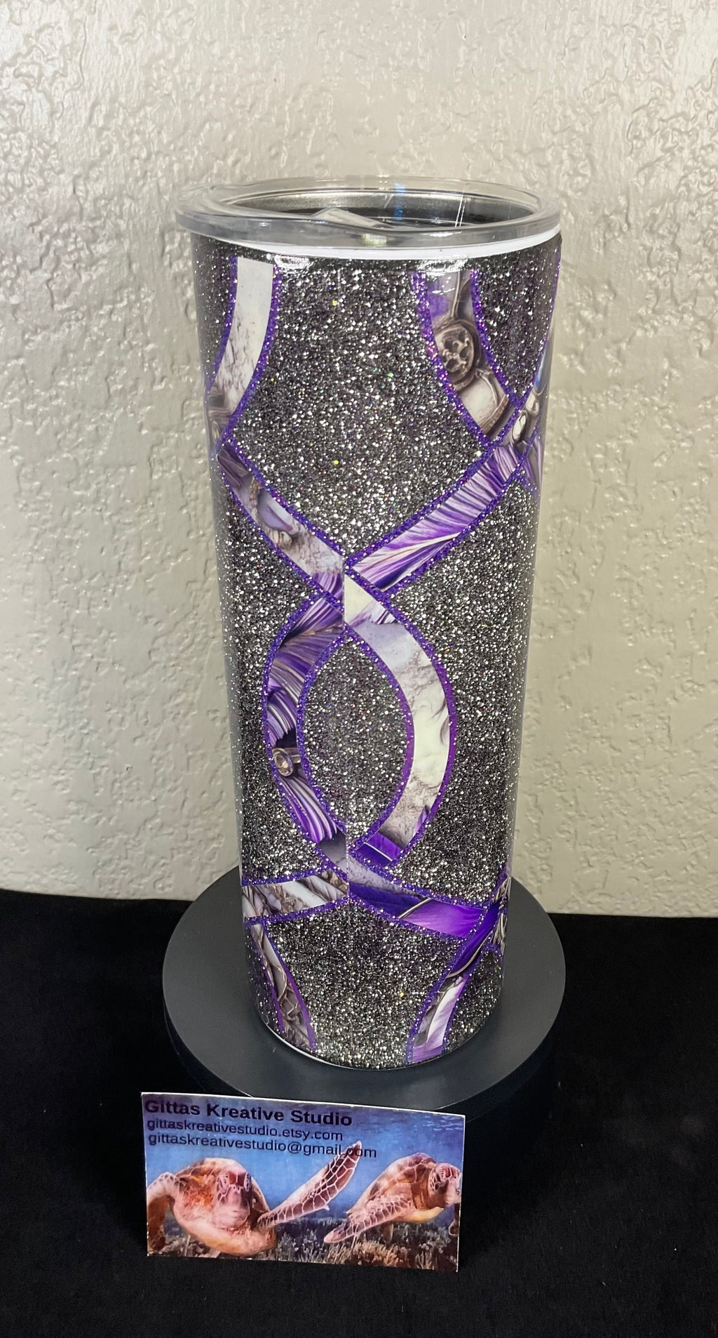 18. 20oz Silver Glitter Tumbler with Vinyl Striping